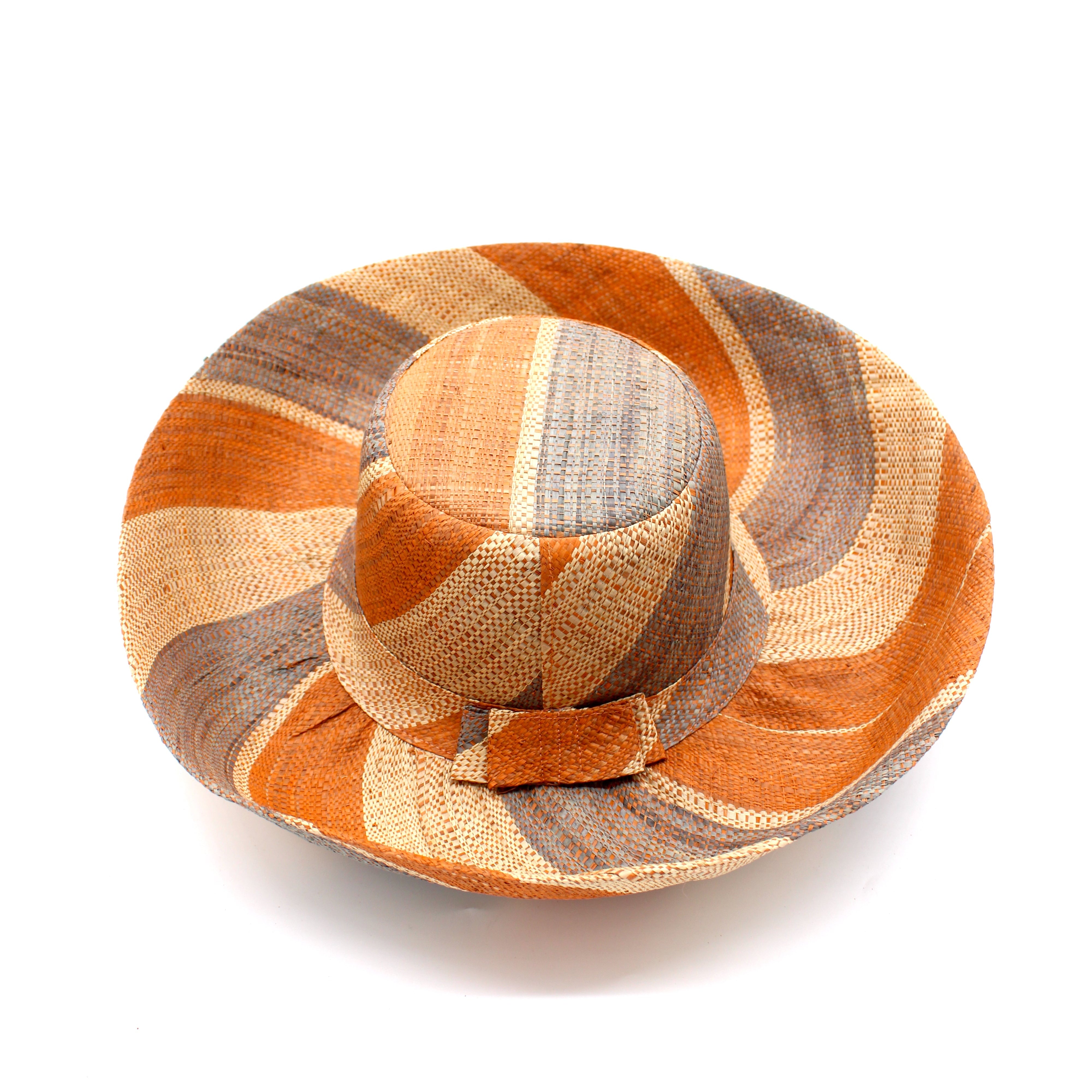 Monica 5" & 7" Wide Brim Cinnamon Swirl Multicolor Stripe Pattern Packable Straw Sun Hat handmade loomed raffia in multi width bands of cinnamon/tobacco/brown, grey, and natural straw color create a striped swirl pattern - Shebobo