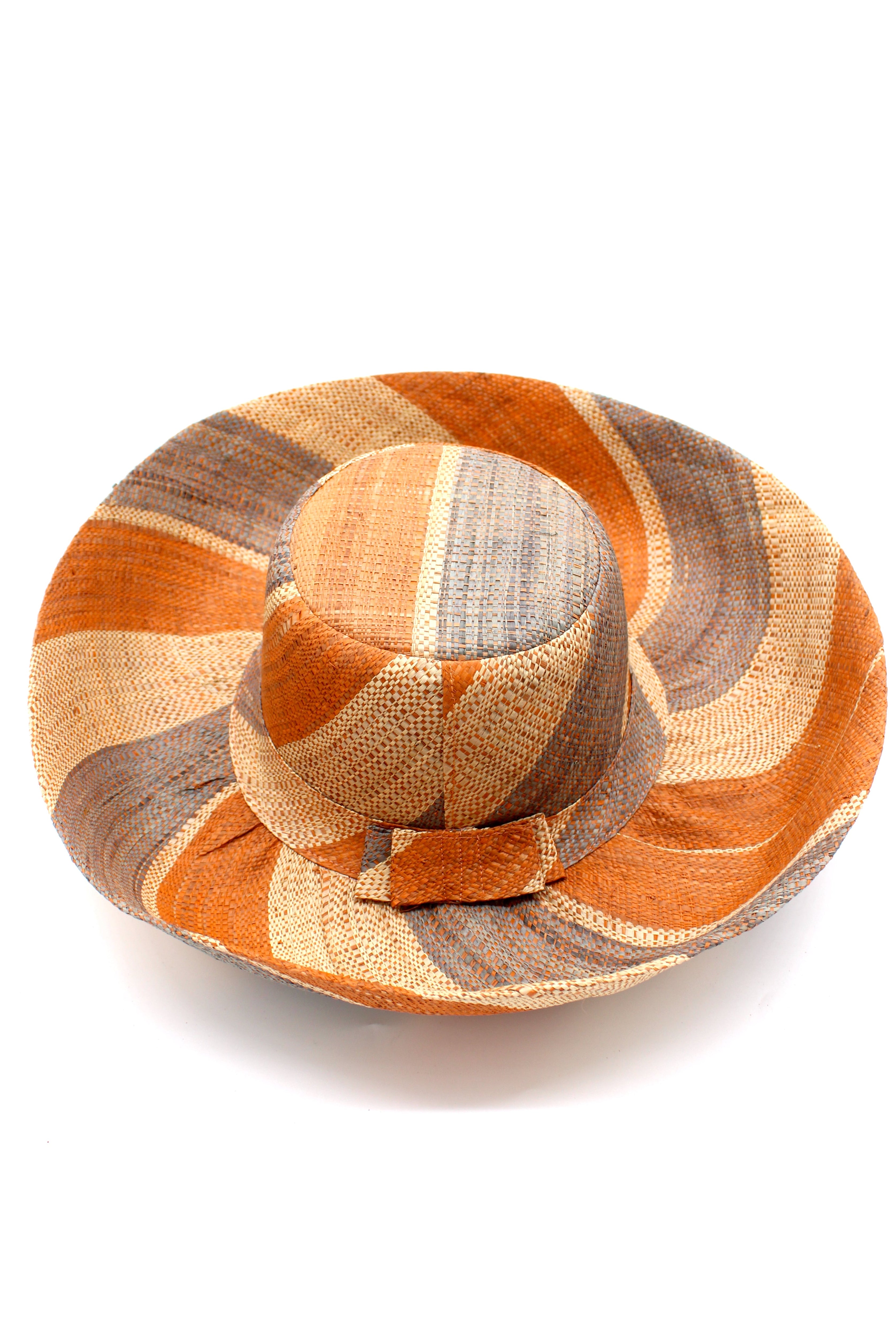 Monica 5" & 7" Wide Brim Cinnamon Swirl Multicolor Stripe Pattern Packable Straw Sun Hat handmade loomed raffia in multi width bands of cinnamon/tobacco/brown, grey, and natural straw color create a striped swirl pattern - Shebobo