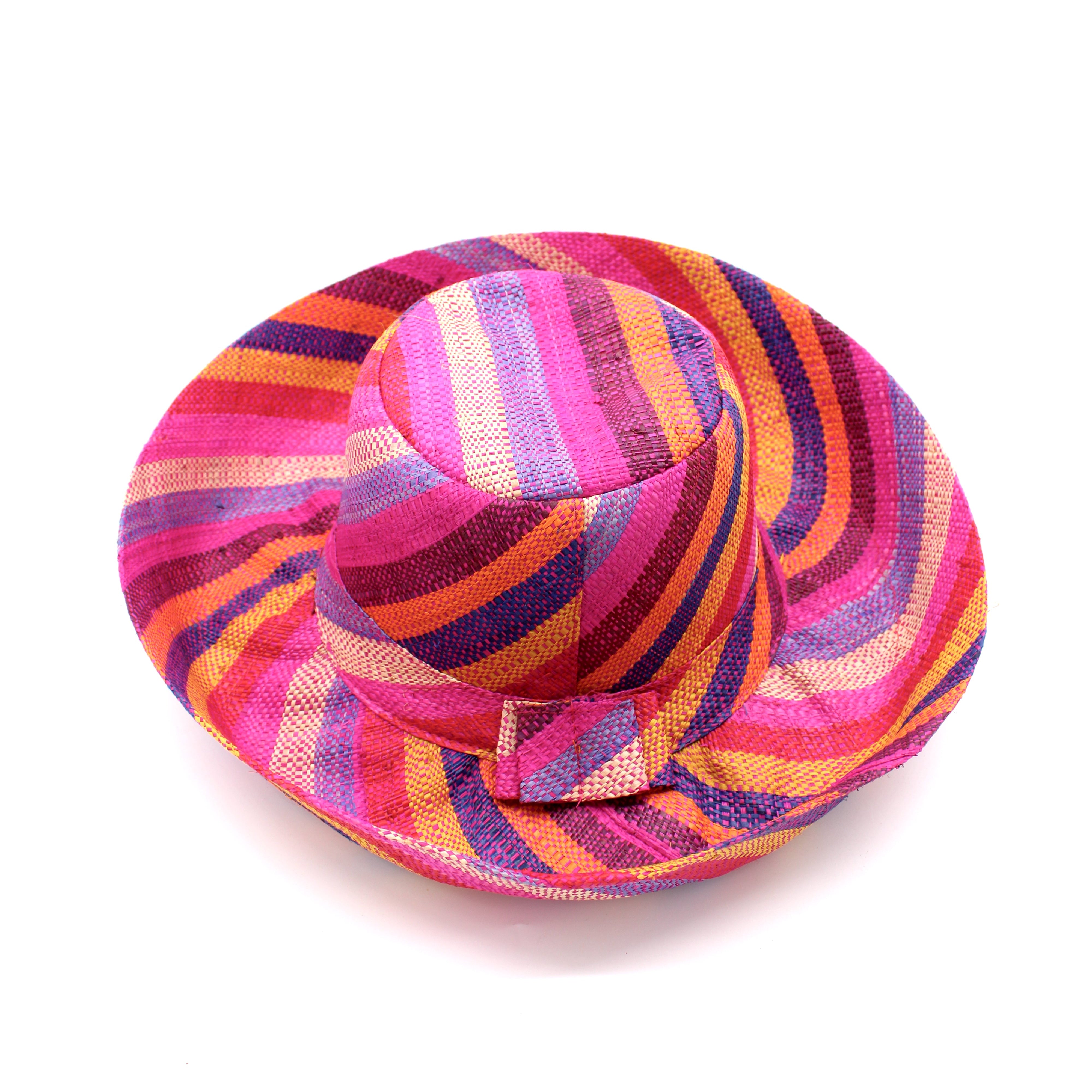 Monica 5" & 7" Wide Fiesta Stripe Multicolor Stripes Packable Straw Sun Hat Handmade loomed raffia multi width bands of fuchsia pink, bordeaux red, saffron yellow, coral orange, natural straw color, purple, blue, etc. create a swirl pattern - Shebobo