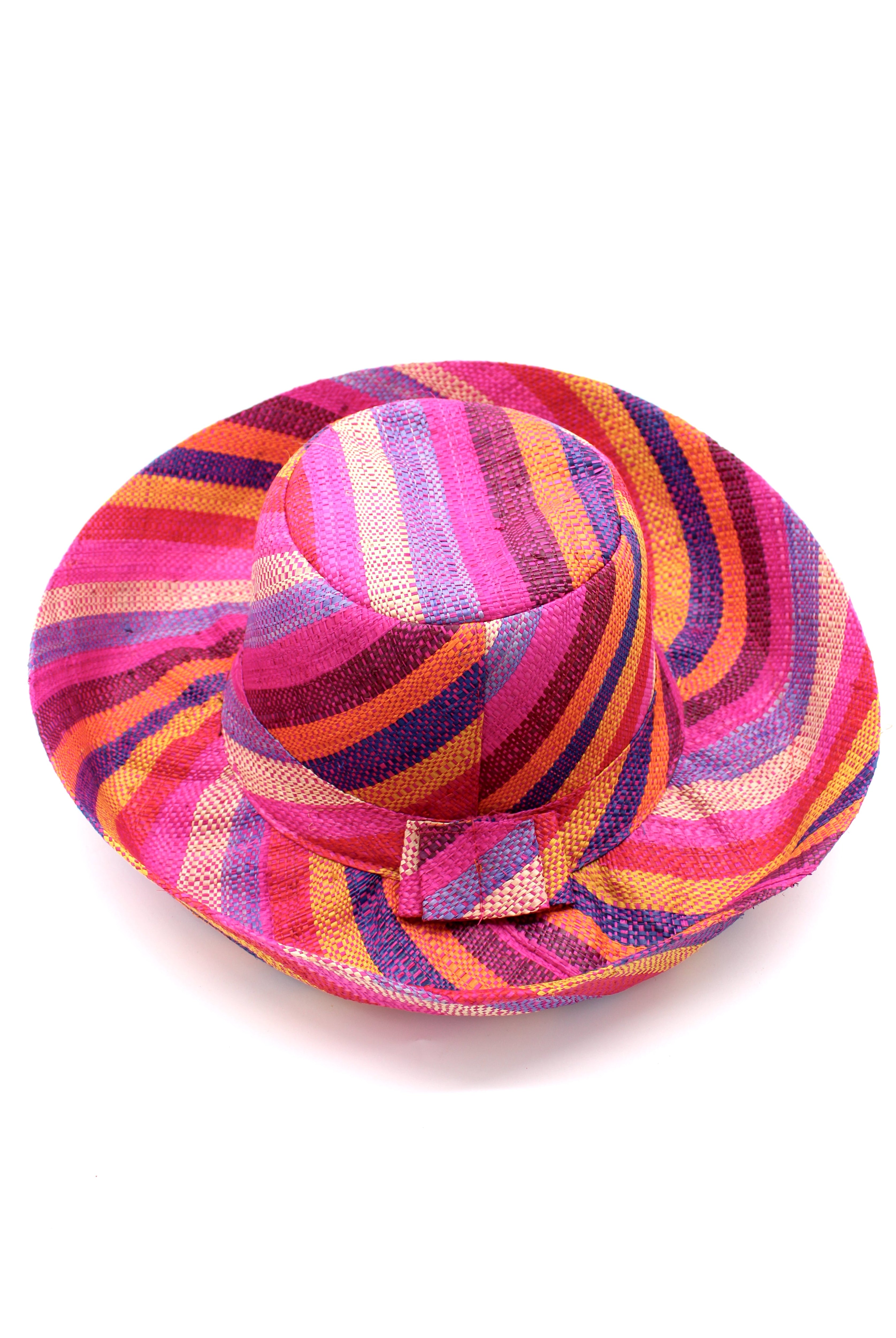 Monica 5" & 7" Wide Fiesta Stripe Multicolor Stripes Packable Straw Sun Hat Handmade loomed raffia multi width bands of fuchsia pink, bordeaux red, saffron yellow, coral orange, natural straw color, purple, blue, etc. create a swirl pattern - Shebobo