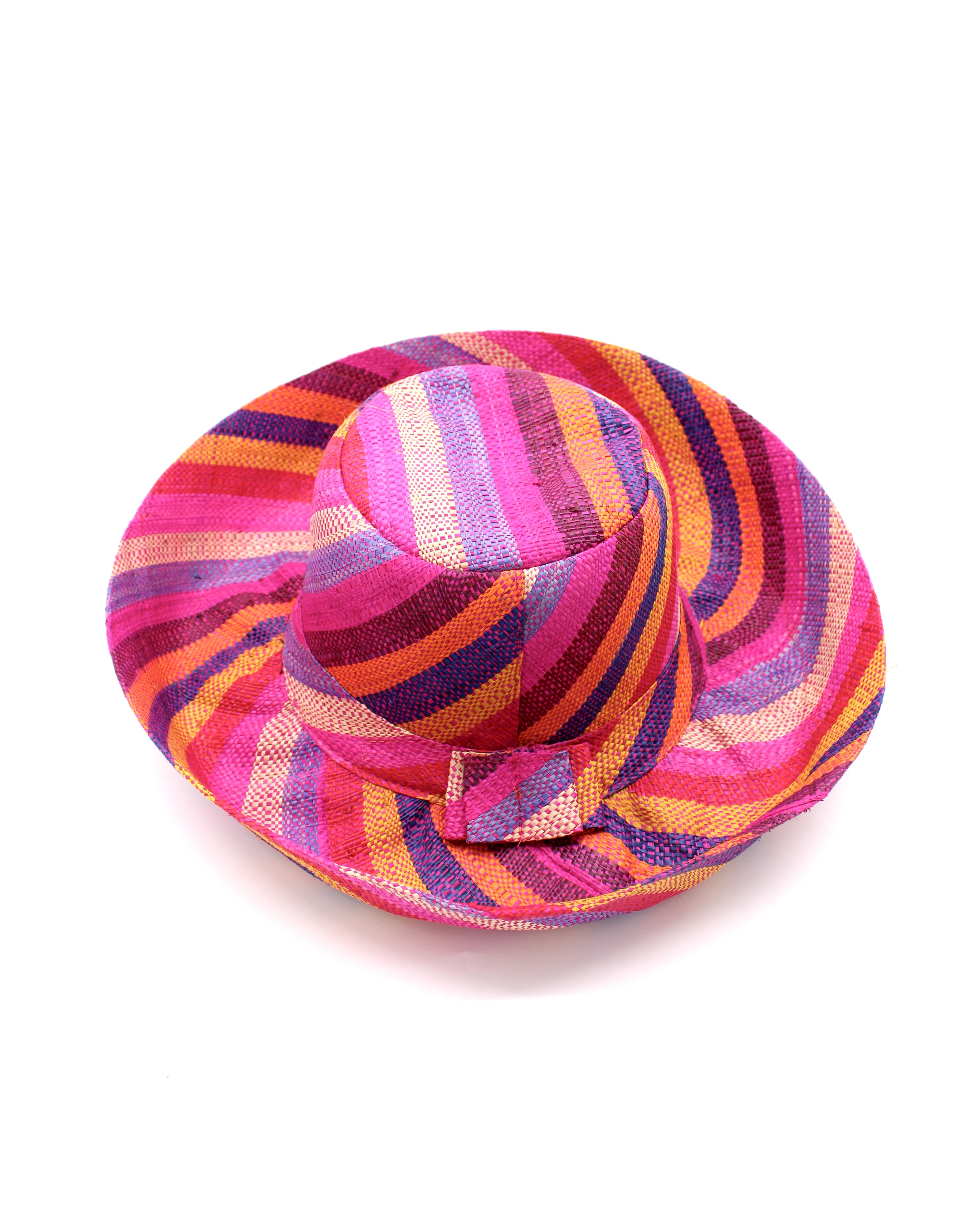 Monica 5" & 7" Wide Fiesta Stripe Multicolor Stripes Packable Straw Sun Hat Handmade loomed raffia multi width bands of fuchsia pink, bordeaux red, saffron yellow, coral orange, natural straw color, purple, blue, etc. create a swirl pattern - Shebobo