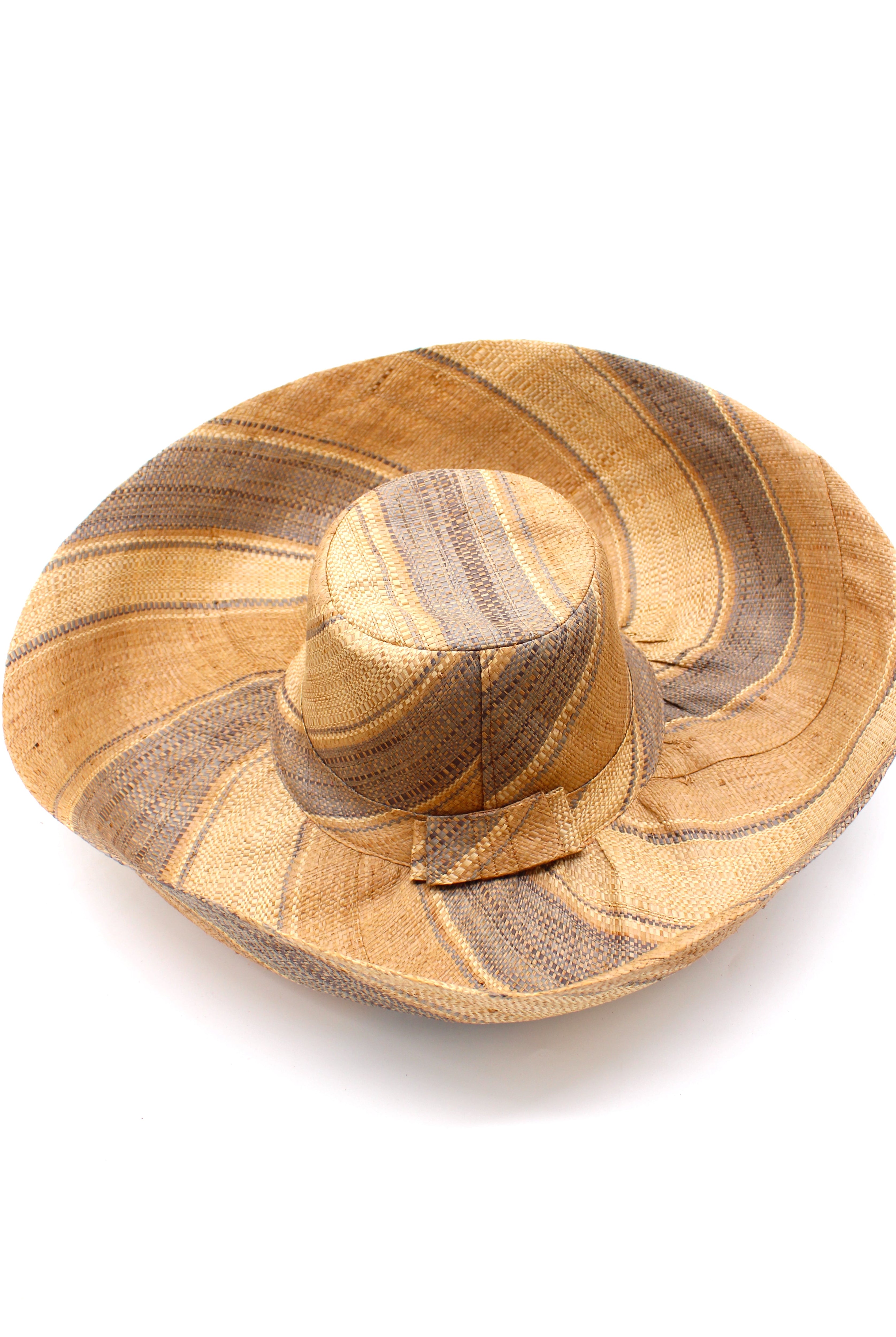 Monica 5" & 7" Wide Brim Latte Swirl Multicolor Stripes Packable Straw Sun Hat Handmade loomed raffia in multi width bands of latte/light brown, grey, and natural create a swirl pattern - Shebobo