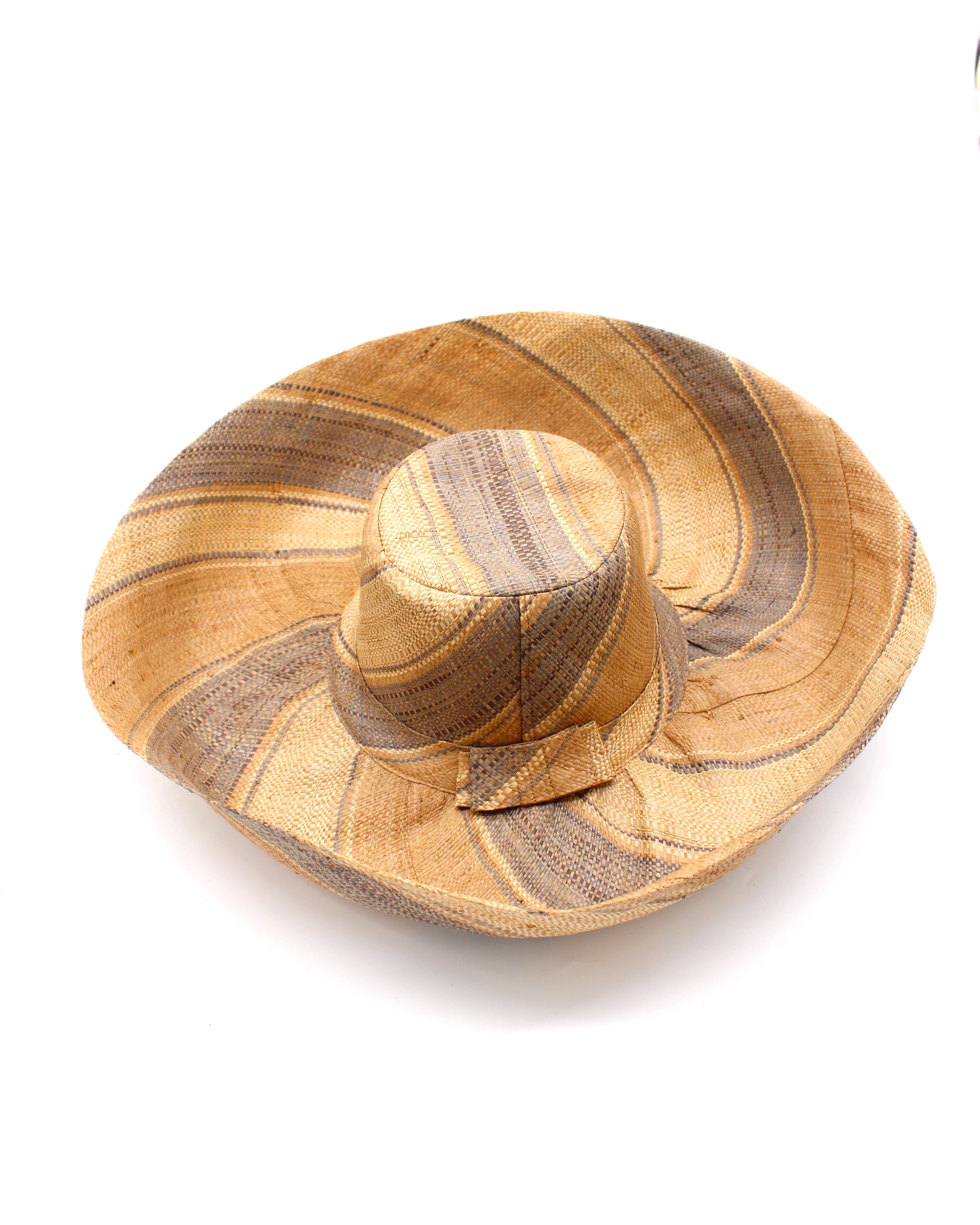 Monica 5" & 7" Wide Brim Latte Swirl Multicolor Stripes Packable Straw Sun Hat Handmade loomed raffia in multi width bands of latte/light brown, grey, and natural create a swirl pattern - Shebobo