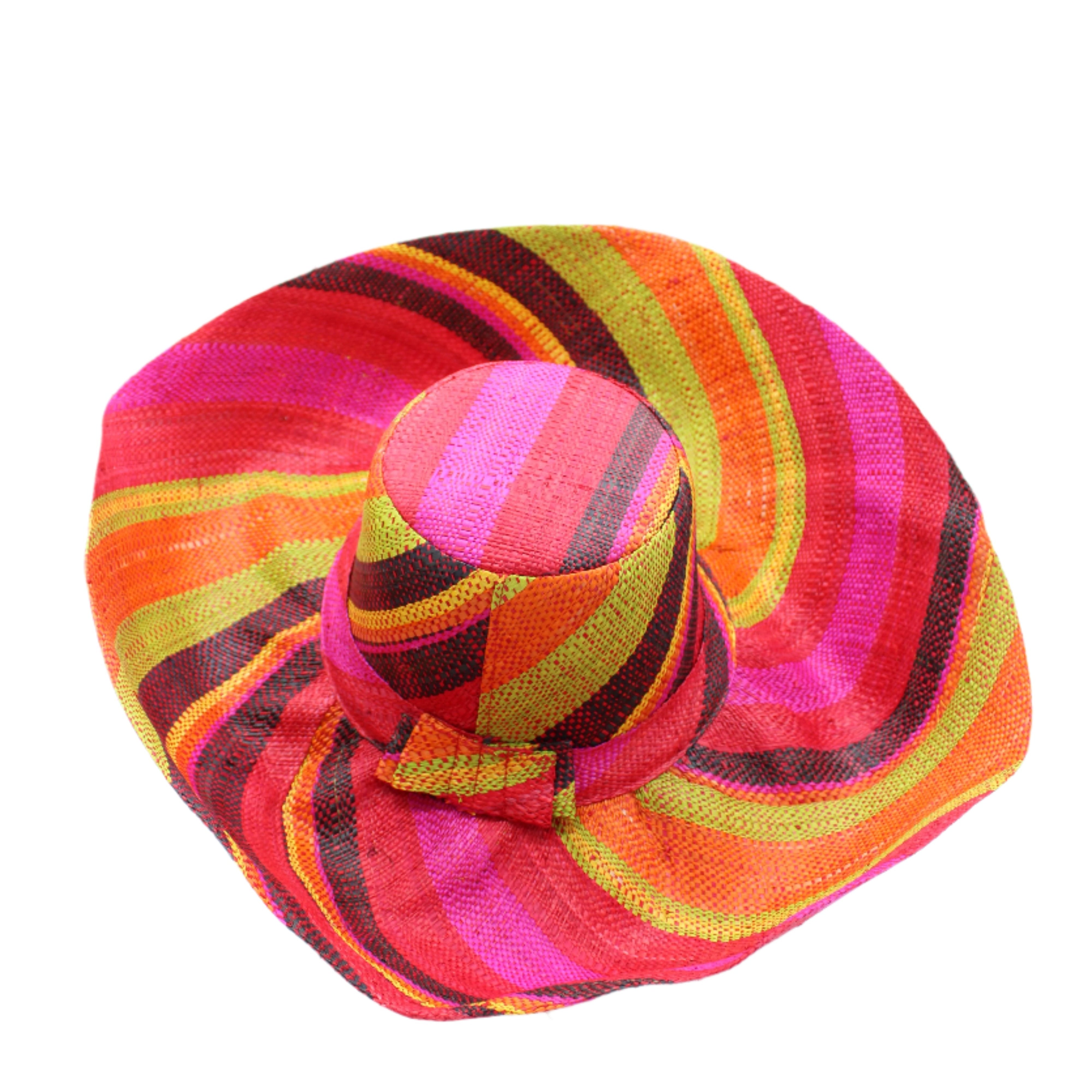Monica 5" & 7" Wide Brim Watermelon Swirl Multicolor Stripes Packable Straw Sun Hat Handmade loomed raffia in multi width bands of fuchsia pink, coral red/orange, red, yellow, black, lime green, etc. create a swirl pattern - Shebobo