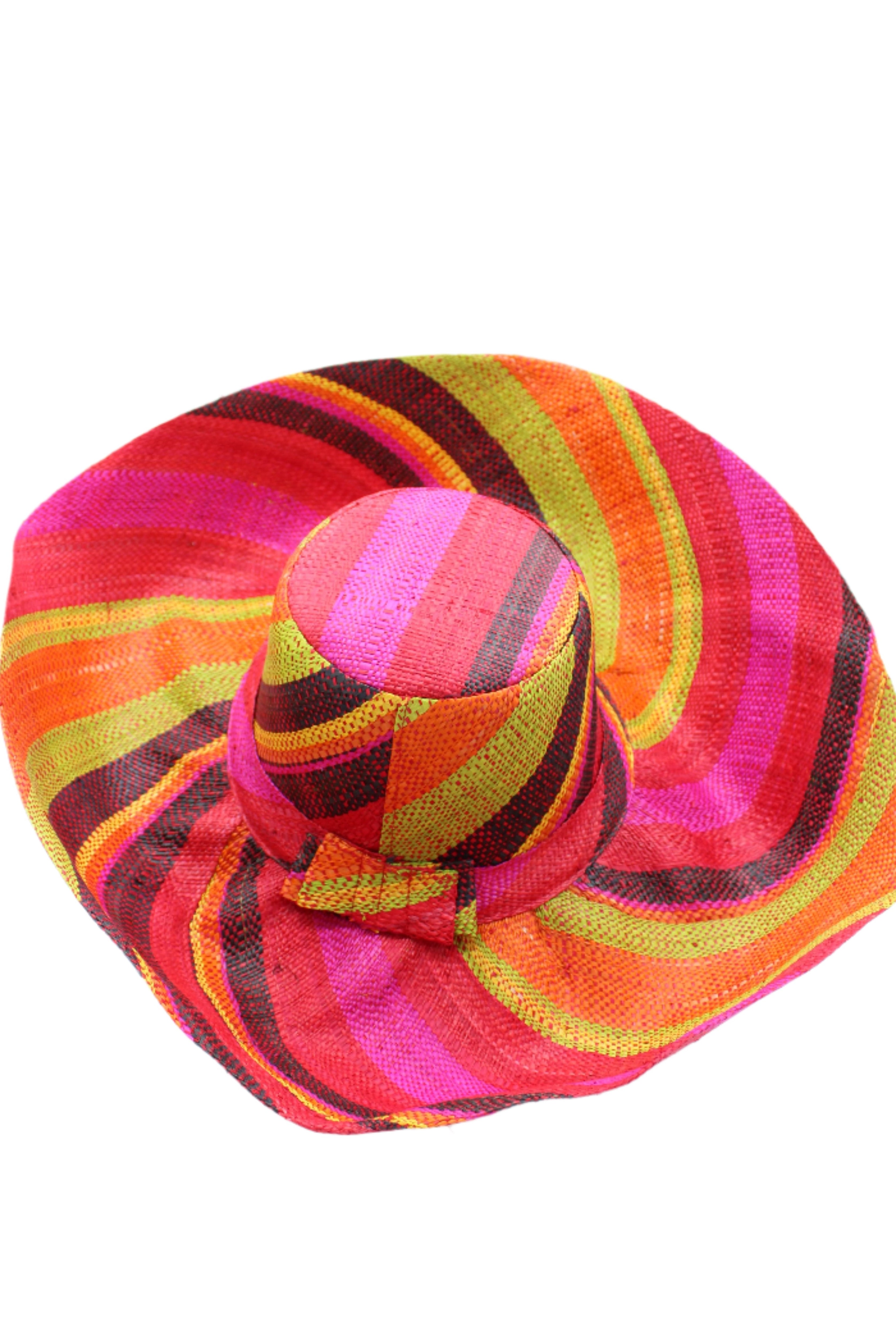 Monica 5" & 7" Wide Brim Watermelon Swirl Multicolor Stripes Packable Straw Sun Hat Handmade loomed raffia in multi width bands of fuchsia pink, coral red/orange, red, yellow, black, lime green, etc. create a swirl pattern - Shebobo
