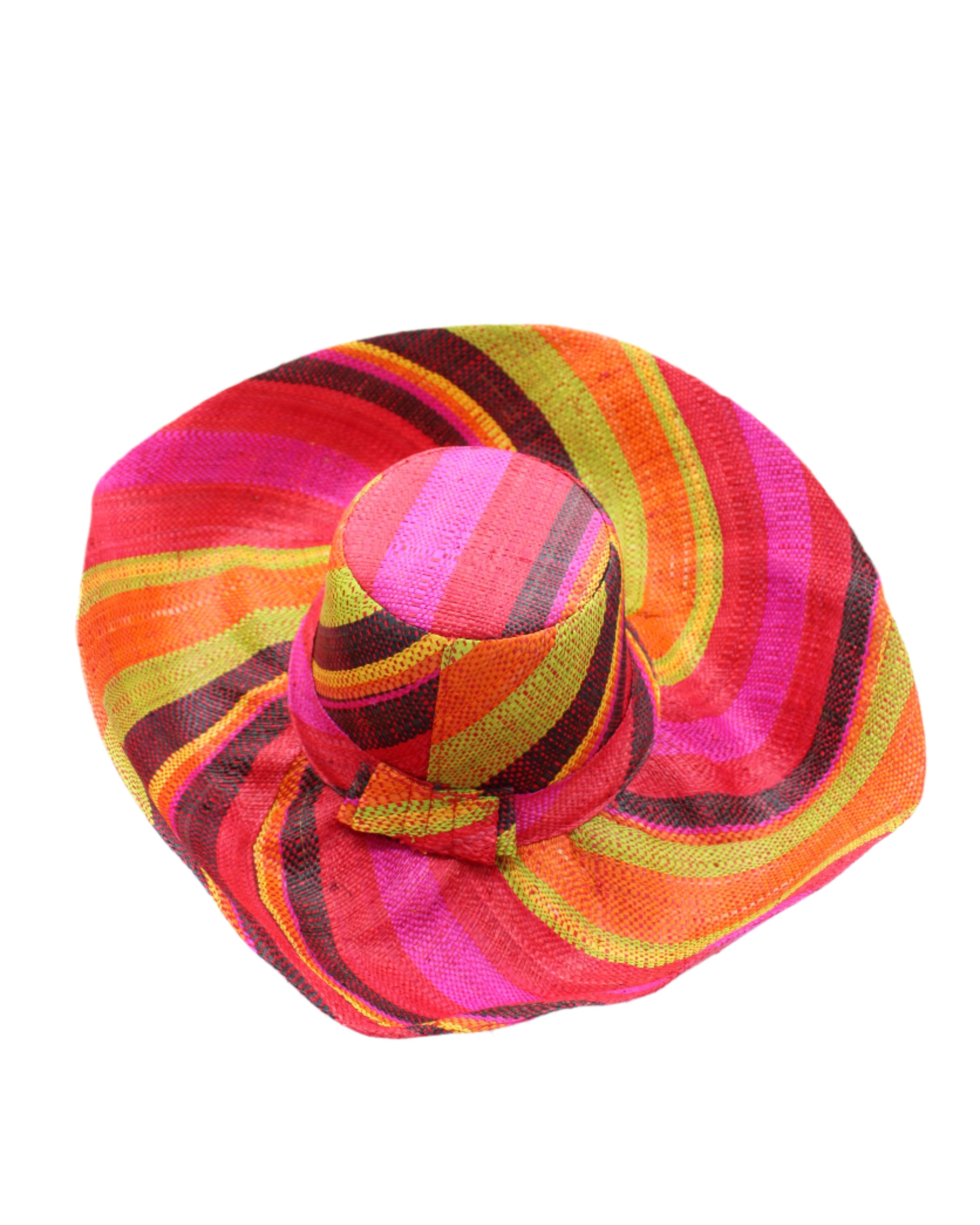 Monica 5" & 7" Wide Brim Watermelon Swirl Multicolor Stripes Packable Straw Sun Hat Handmade loomed raffia in multi width bands of fuchsia pink, coral red/orange, red, yellow, black, lime green, etc. create a swirl pattern - Shebobo