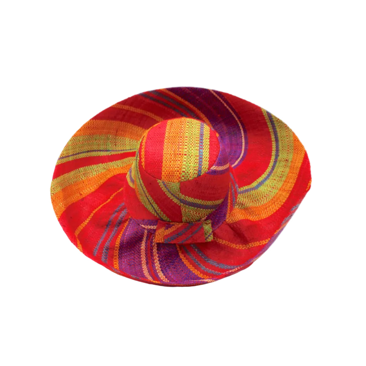 Monica 5" & 7" Wide Brim Sangria Swirl Multicolor Stripes Packable Straw Sun Hat Handmade loomed raffia in multi width bands of red, purple, midori lime/green, turquoise blue, saffron yellow/orange, natural straw color, etc. create a swirl pattern - Shebobo