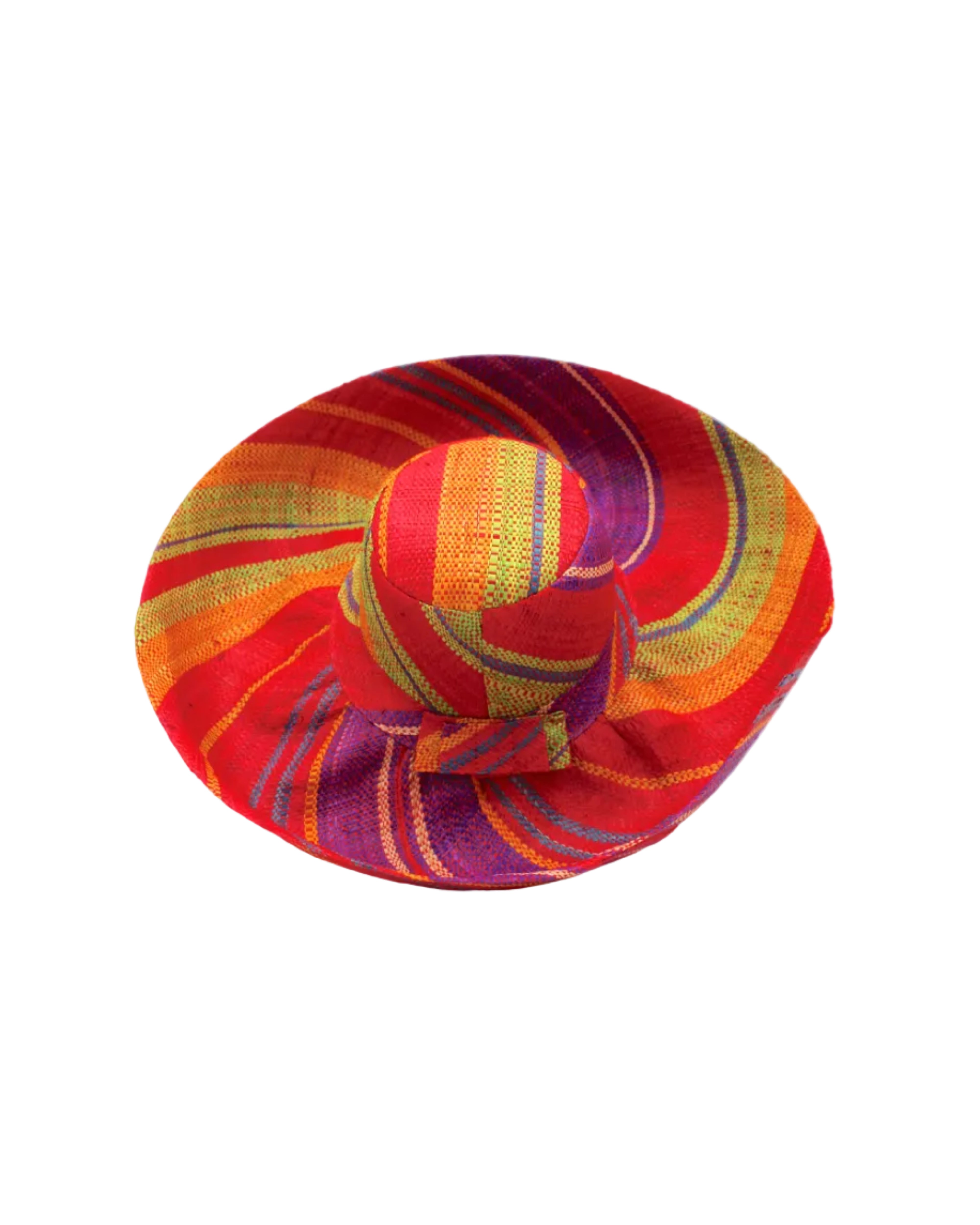 Monica 5" & 7" Wide Brim Sangria Swirl Multicolor Stripes Packable Straw Sun Hat Handmade loomed raffia in multi width bands of red, purple, midori lime/green, turquoise blue, saffron yellow/orange, natural straw color, etc. create a swirl pattern - Shebobo