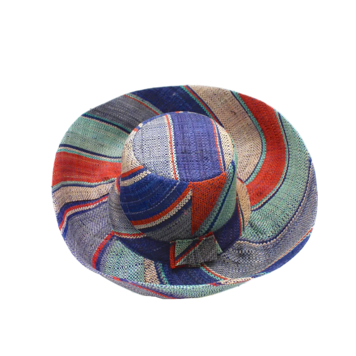 5" & 7" Wide Brim Coral & Blue Swirl Multicolor Stripes Packable Straw Sun Hat Handmade loomed raffia in multi width bands of denim light/blue, navy dark/blue, coral orange/red, seafoam light/blue/green, and natural straw color create a swirl pattern - Shebobo