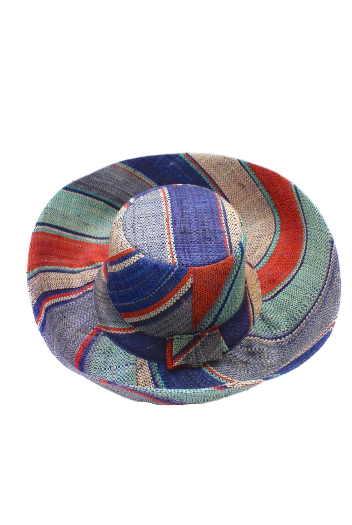 5" & 7" Wide Brim Coral & Blue Swirl Multicolor Stripes Packable Straw Sun Hat Handmade loomed raffia in multi width bands of denim light/blue, navy dark/blue, coral orange/red, seafoam light/blue/green, and natural straw color create a swirl pattern - Shebobo