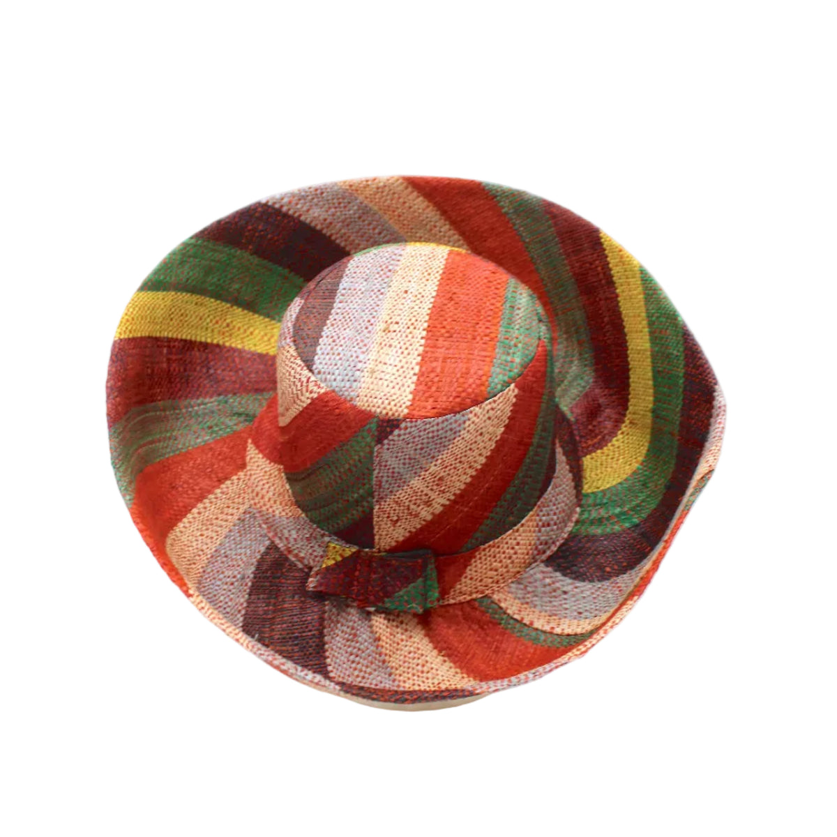 5" & 7" Wide Brim Coral & Blue Swirl Multicolor Stripes Packable Straw Sun Hat Handmade loomed raffia in multi width bands of denim light/blue, whisky caramel/red/brown, black, dark forest/green, midori lime/green, and natural straw color create a swirl pattern - Shebobo