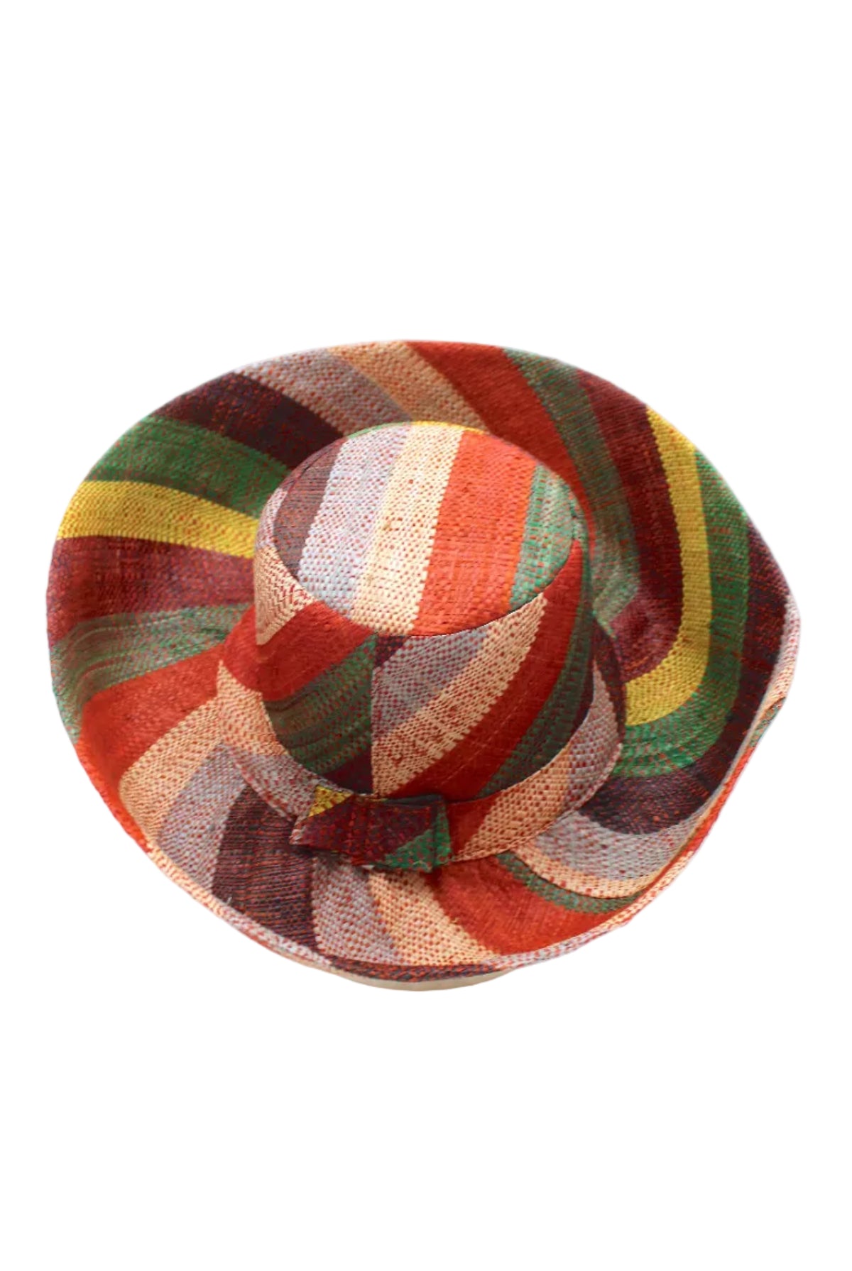 5" & 7" Wide Brim Coral & Blue Swirl Multicolor Stripes Packable Straw Sun Hat Handmade loomed raffia in multi width bands of denim light/blue, whisky caramel/red/brown, black, dark forest/green, midori lime/green, and natural straw color create a swirl pattern - Shebobo