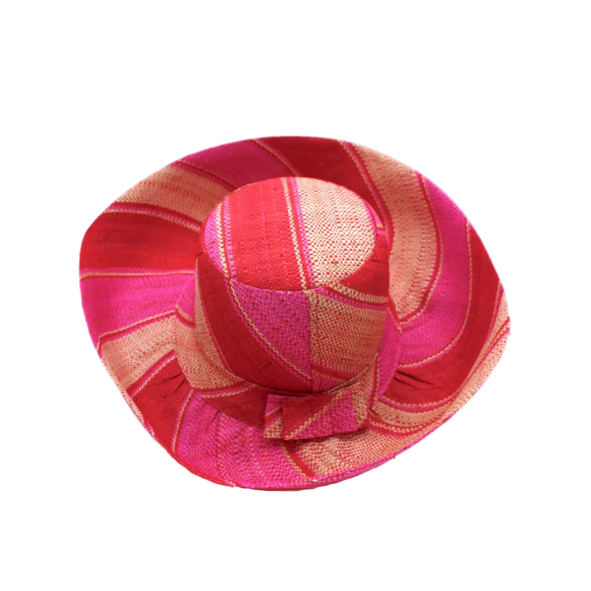 5" & 7" Wide Brim Fuchsia & Red Swirl Multicolor Stripes Packable Straw Sun Hat Handmade loomed raffia in multi width bands of fuchsia hot/bright/pink, red, and natural straw color create a swirl pattern - Shebobo