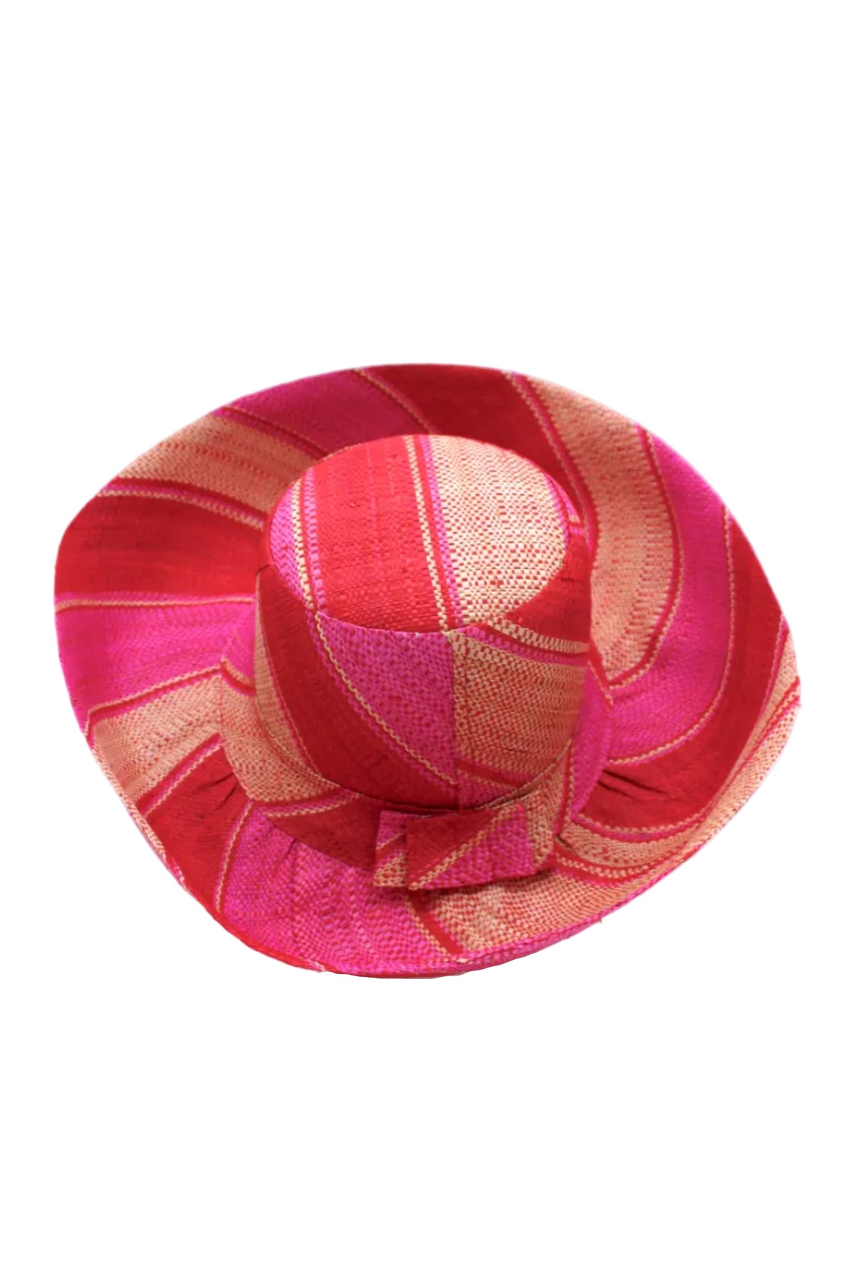 5" & 7" Wide Brim Fuchsia & Red Swirl Multicolor Stripes Packable Straw Sun Hat Handmade loomed raffia in multi width bands of fuchsia hot/bright/pink, red, and natural straw color create a swirl pattern - Shebobo