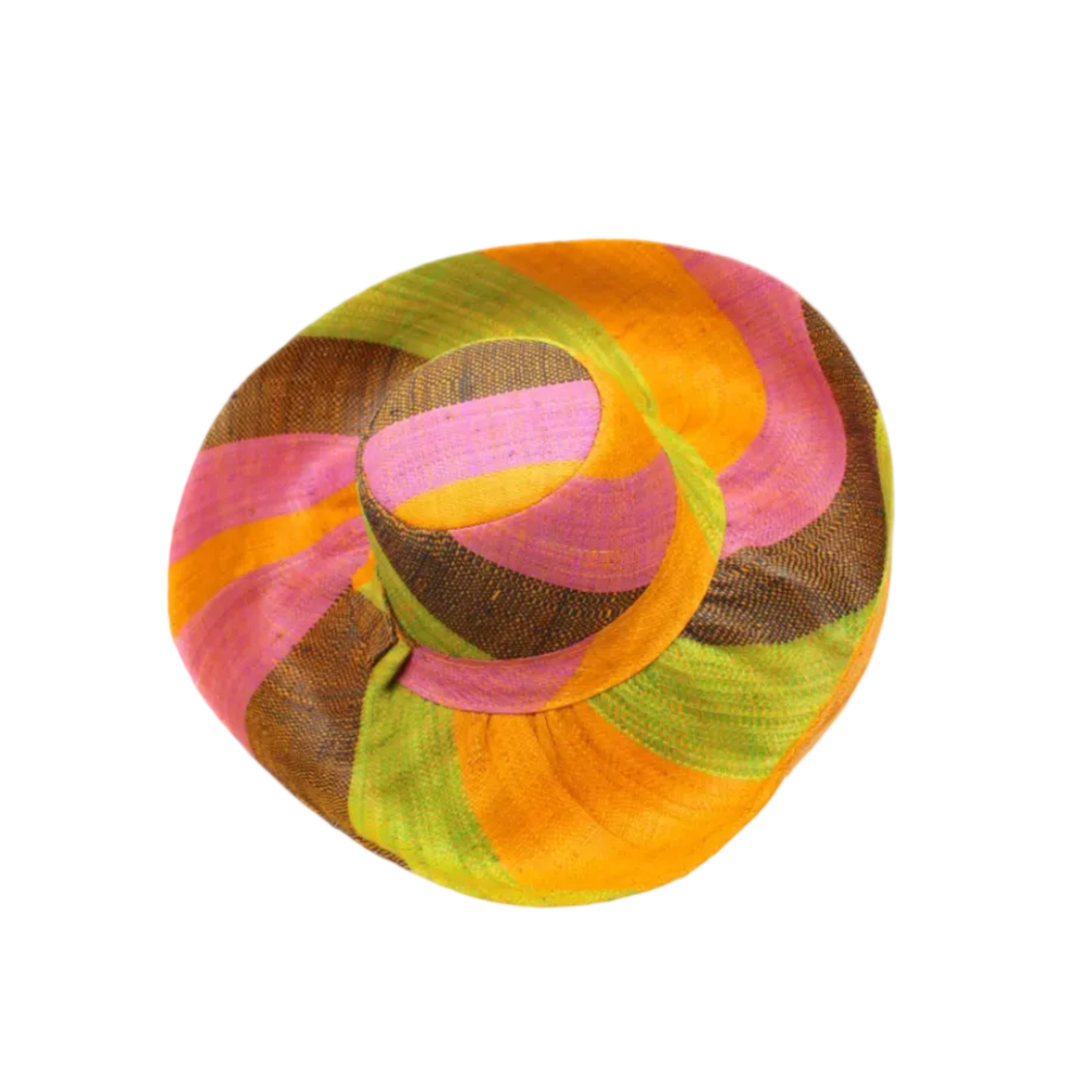 Monica 5" & 7" Wide Brim Ipanema Swirl Multicolor Stripes Packable Straw Sun Hat Handmade loomed raffia in multi width bands of saffron yellow/orange, wisteria lilac/light/purple, midori lime/green, black, create a swirl pattern - Shebobo
