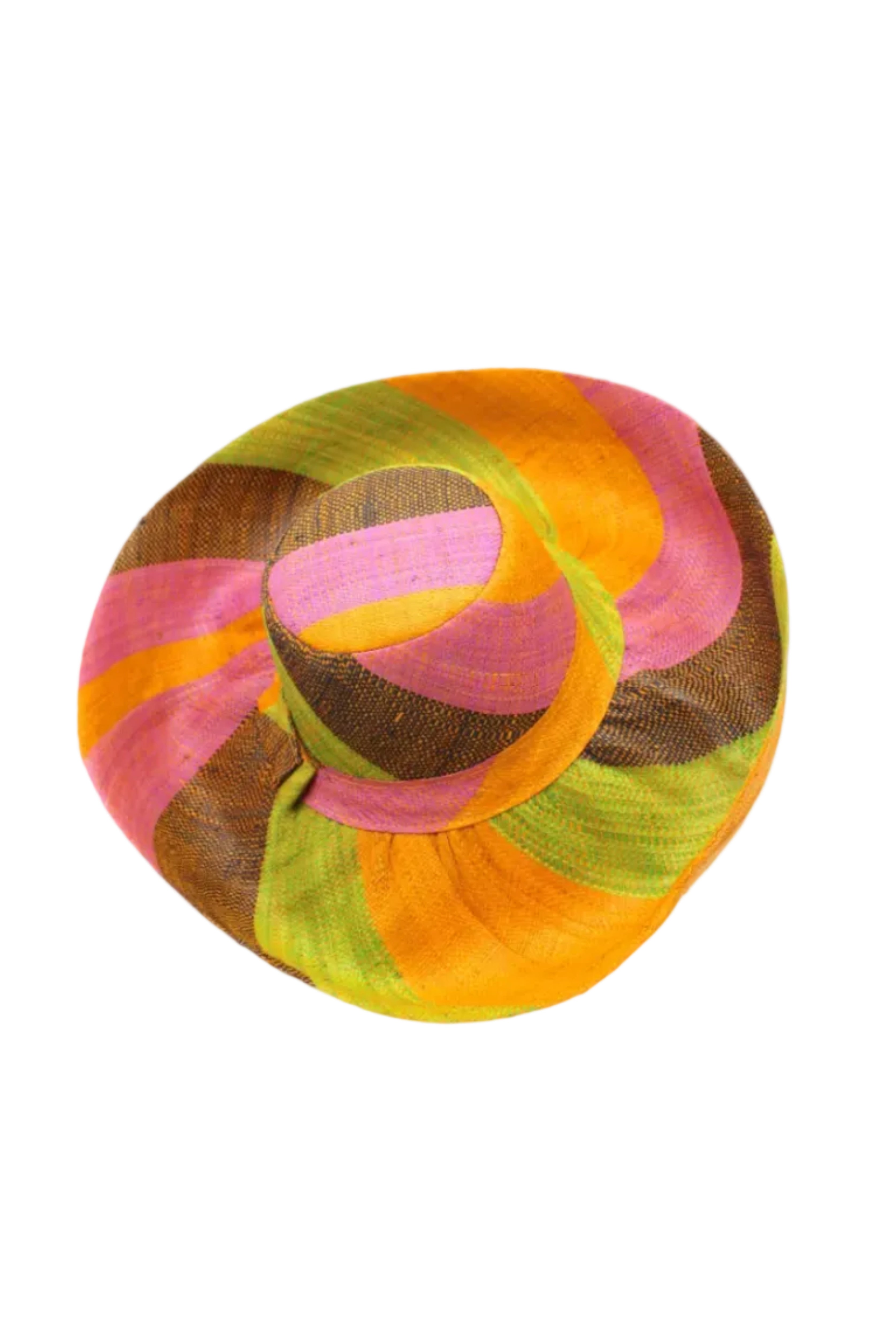 Monica 5" & 7" Wide Brim Ipanema Swirl Multicolor Stripes Packable Straw Sun Hat Handmade loomed raffia in multi width bands of saffron yellow/orange, wisteria lilac/light/purple, midori lime/green, black, create a swirl pattern - Shebobo