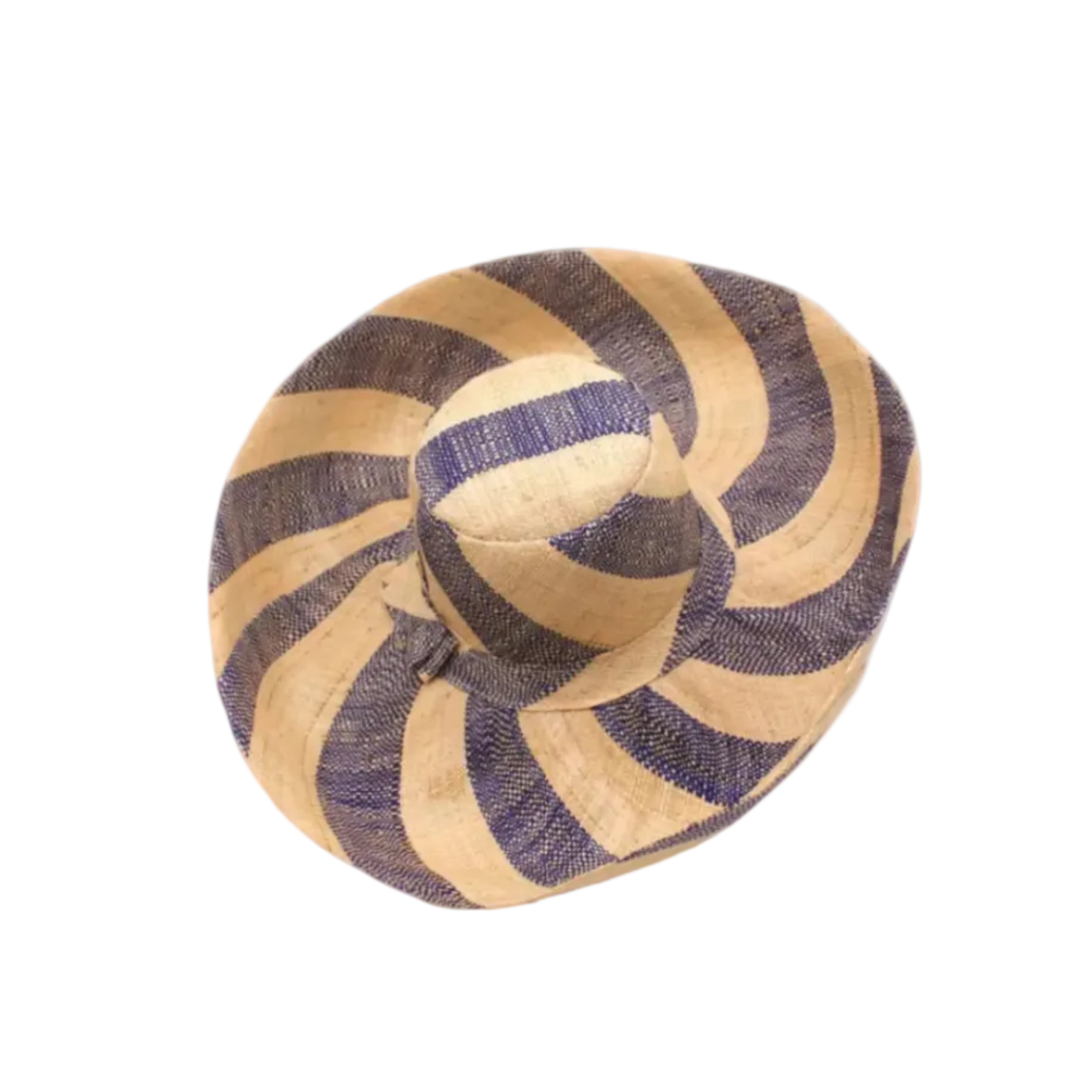 Monica 5" & 7" Wide Brim Navy & Natural Stripe Multicolor Stripes Packable Straw Sun Hat Handmade loomed raffia in even width bands of navy dark/blue, and natural straw color create a swirl pattern - Shebobo