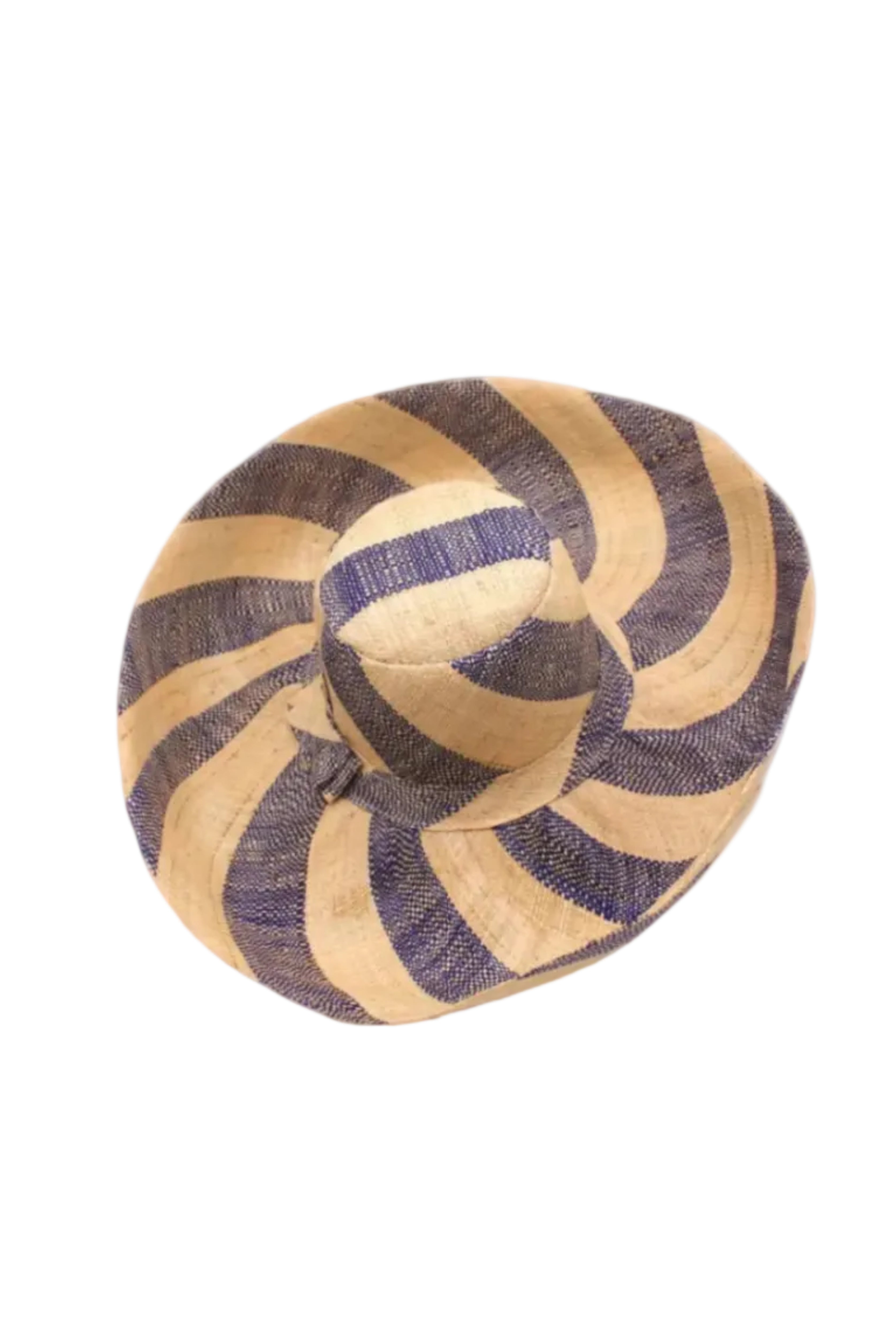 Monica 5" & 7" Wide Brim Navy & Natural Stripe Multicolor Stripes Packable Straw Sun Hat Handmade loomed raffia in even width bands of navy dark/blue, and natural straw color create a swirl pattern - Shebobo