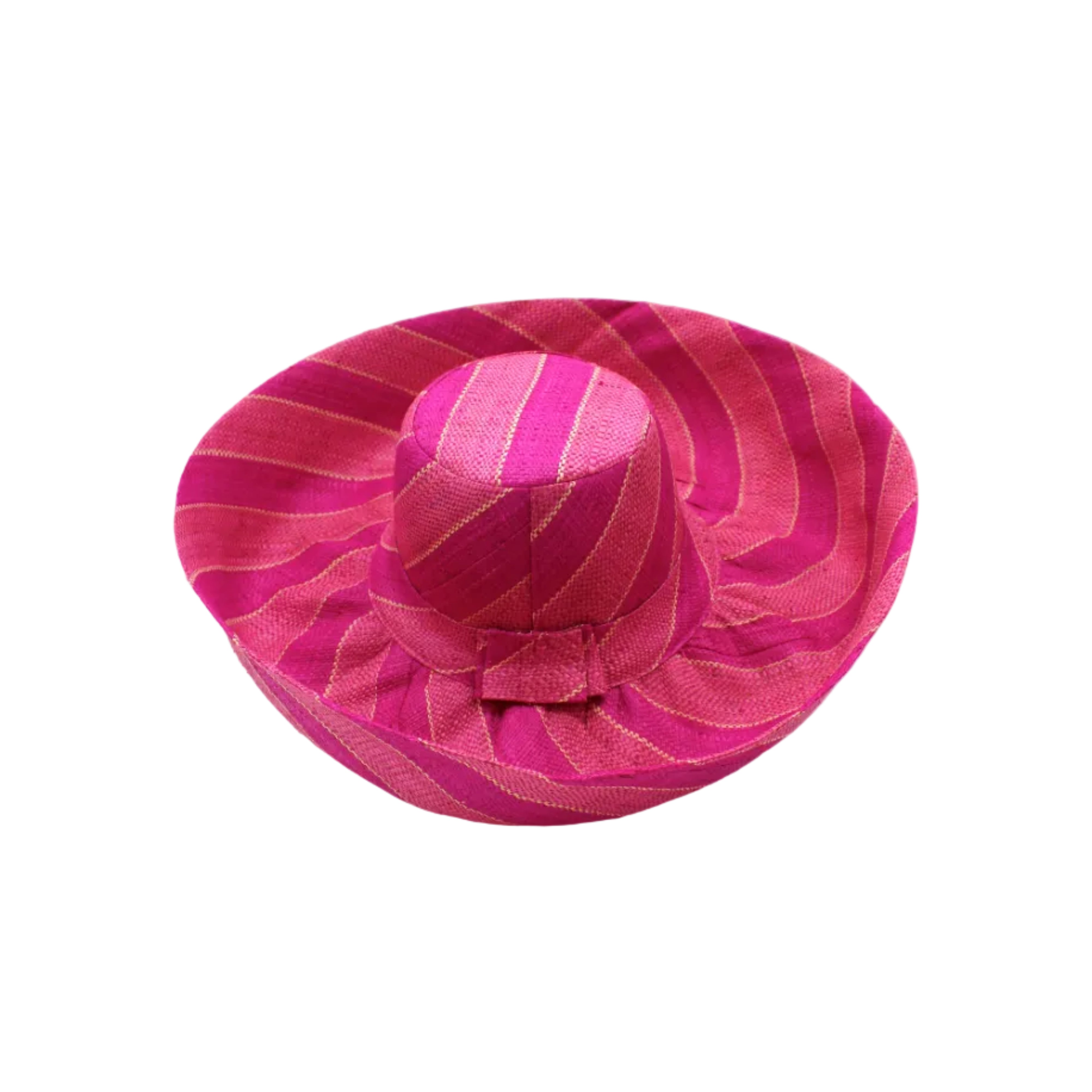 Monica 5" & 7" Wide Brim Pink & Fuchsia Swirl Multicolor Stripes Packable Straw Sun Hat Handmade loomed raffia in multi width bands of light pink, fuchsia hot/bright/barbie/pink, natural straw color, etc. create a swirl pattern - Shebobo