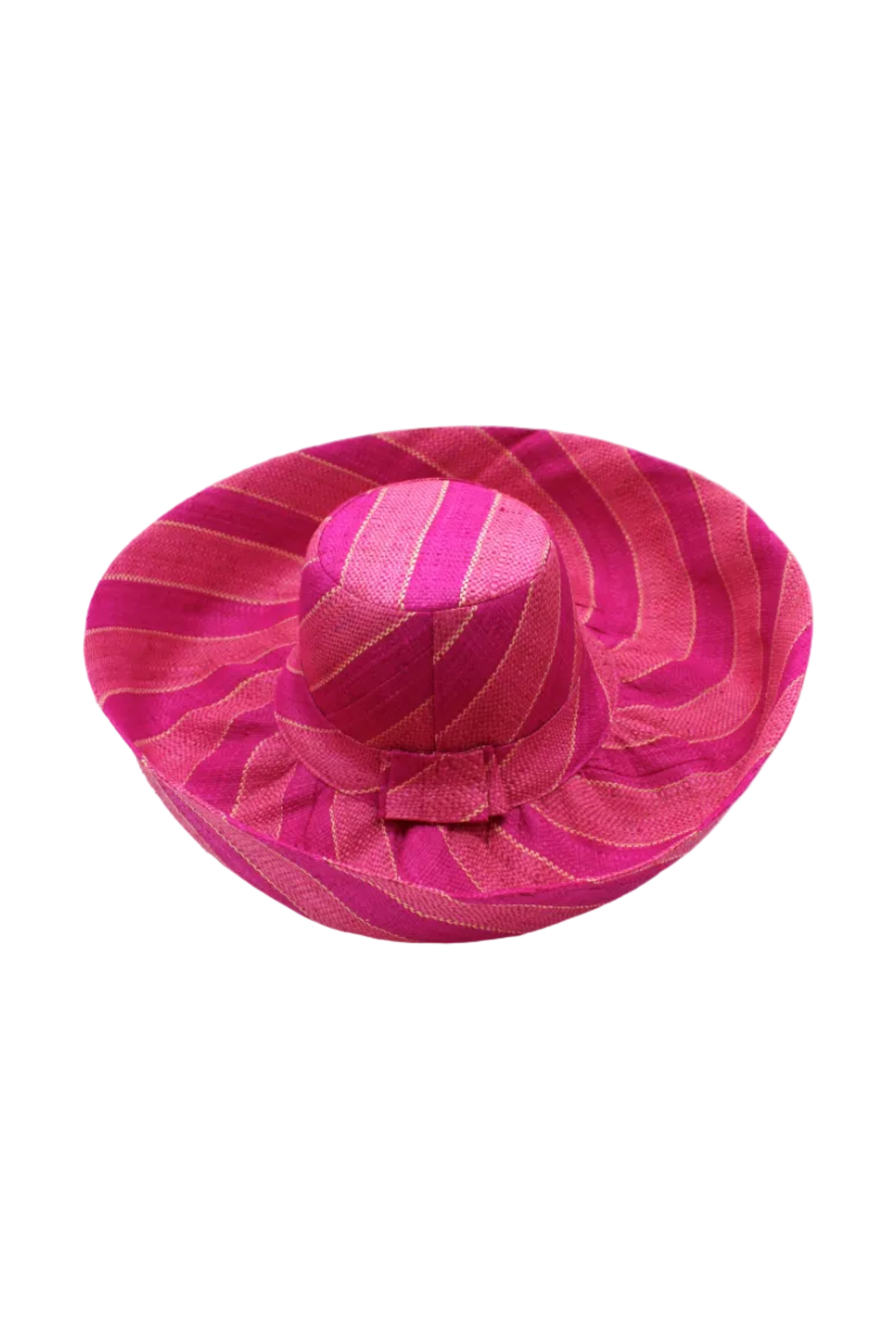 Monica 5" & 7" Wide Brim Pink & Fuchsia Swirl Multicolor Stripes Packable Straw Sun Hat Handmade loomed raffia in multi width bands of light pink, fuchsia hot/bright/barbie/pink, natural straw color, etc. create a swirl pattern - Shebobo