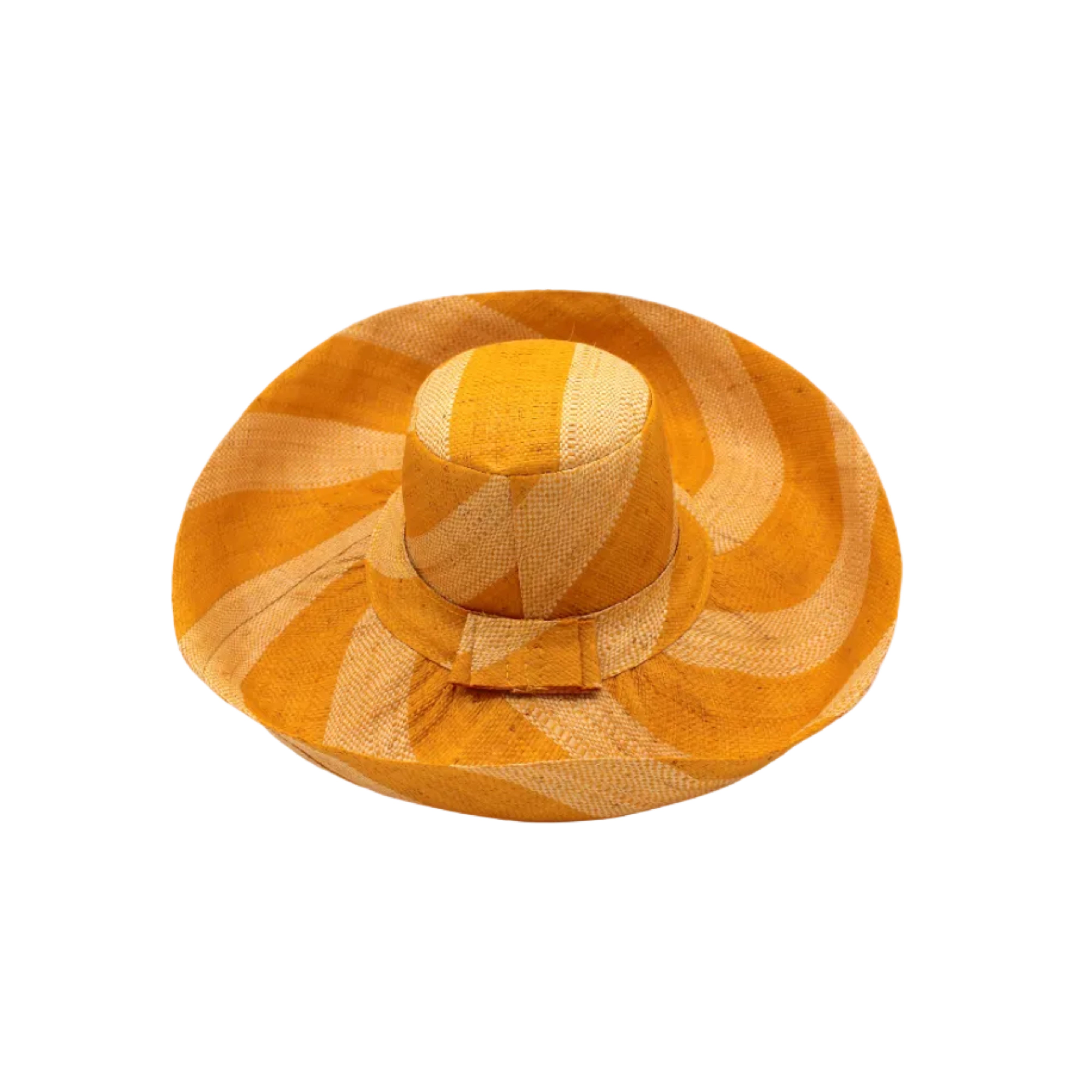 Monica 5" & 7" Wide Brim Saffron & Natural Stripe Multicolor Stripes Packable Straw Sun Hat Handmade loomed raffia in even width bands of saffron yellow/orange, and natural straw color create a swirl pattern - Shebobo