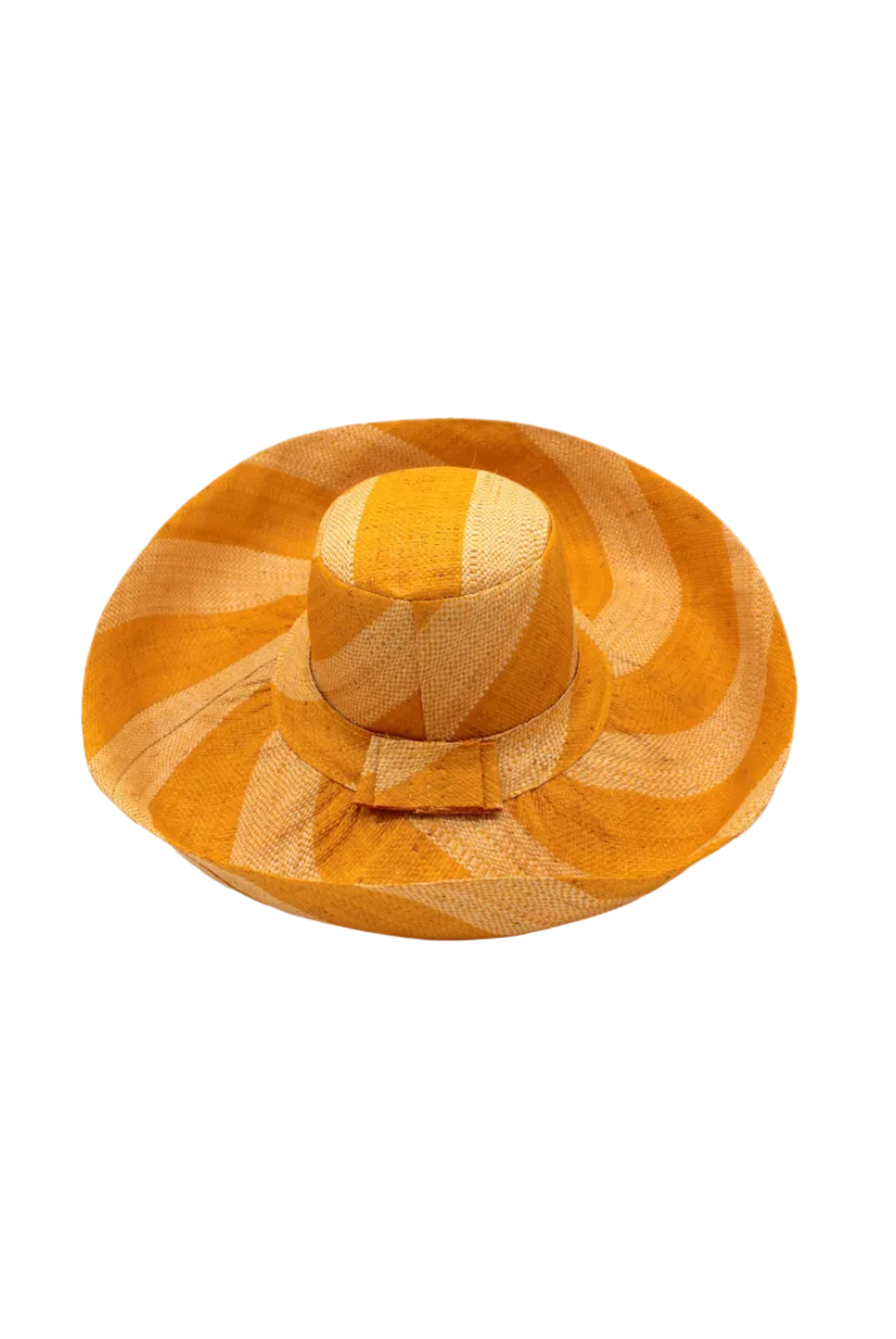 Monica 5" & 7" Wide Brim Saffron & Natural Stripe Multicolor Stripes Packable Straw Sun Hat Handmade loomed raffia in even width bands of saffron yellow/orange, and natural straw color create a swirl pattern - Shebobo
