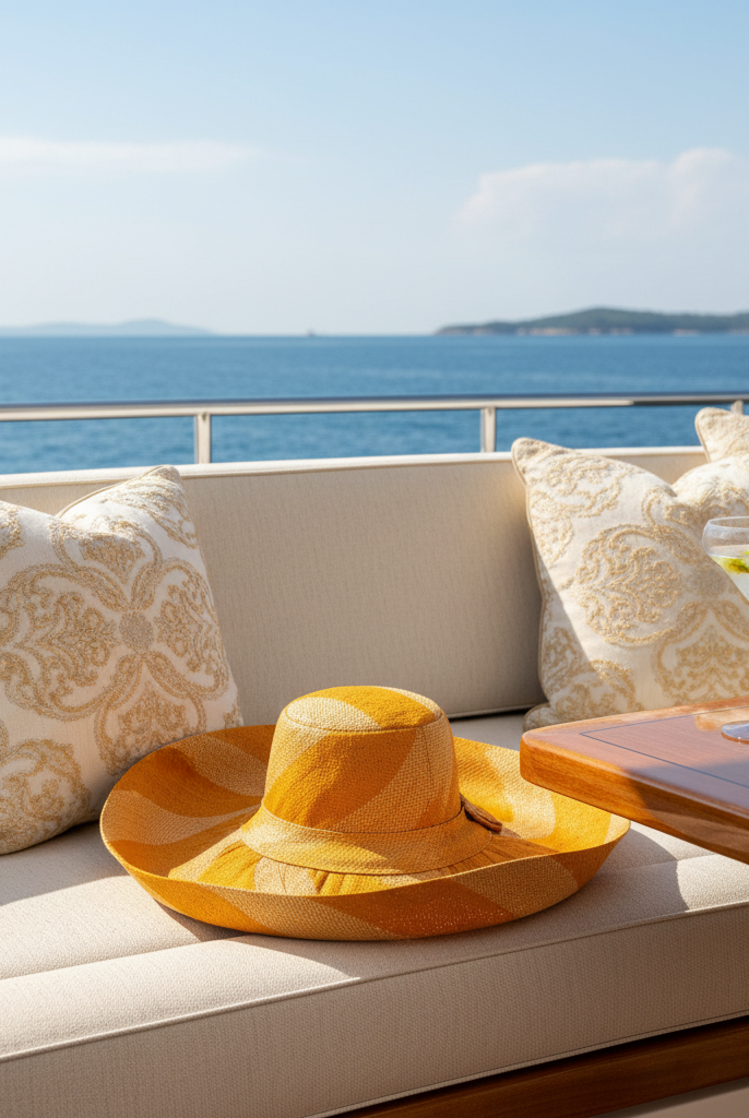 Lifestyle view Monica 5" & 7" Wide Brim Saffron & Natural Stripe Multicolor Stripes Packable Straw Sun Hat Handmade loomed raffia in even width bands of saffron yellow/orange, and natural straw color create a swirl pattern - Shebobo