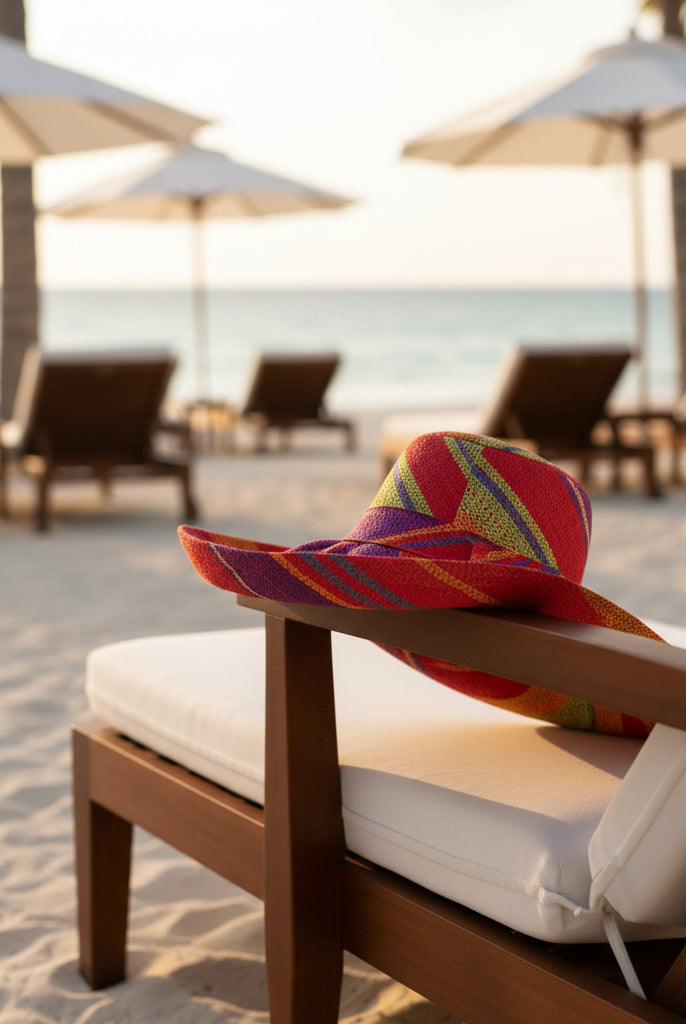 Lifestyle view Monica 5" & 7" Wide Brim Sangria Swirl Multicolor Stripes Packable Straw Sun Hat Handmade loomed raffia in multi width bands of red, purple, midori lime/green, turquoise blue, saffron yellow/orange, natural straw color, etc. create a swirl pattern - Shebobo