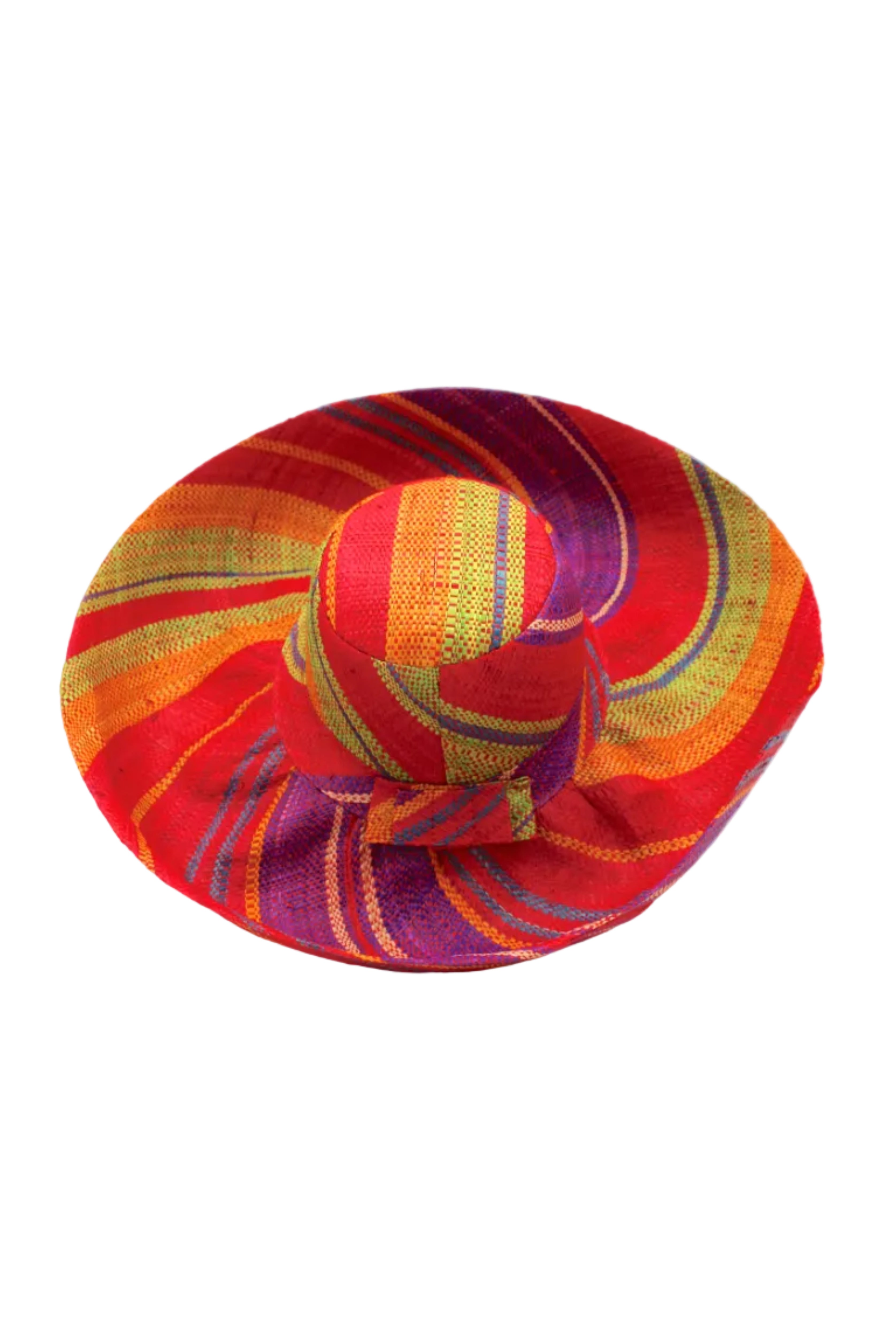 Monica 5" & 7" Wide Brim Sangria Swirl Multicolor Stripes Packable Straw Sun Hat Handmade loomed raffia in multi width bands of red, purple, midori lime/green, turquoise blue, saffron yellow/orange, natural straw color, etc. create a swirl pattern - Shebobo