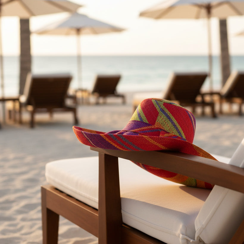 Lifestyle view Monica 5" & 7" Wide Brim Sangria Swirl Multicolor Stripes Packable Straw Sun Hat Handmade loomed raffia in multi width bands of red, purple, midori lime/green, turquoise blue, saffron yellow/orange, natural straw color, etc. create a swirl pattern - Shebobo