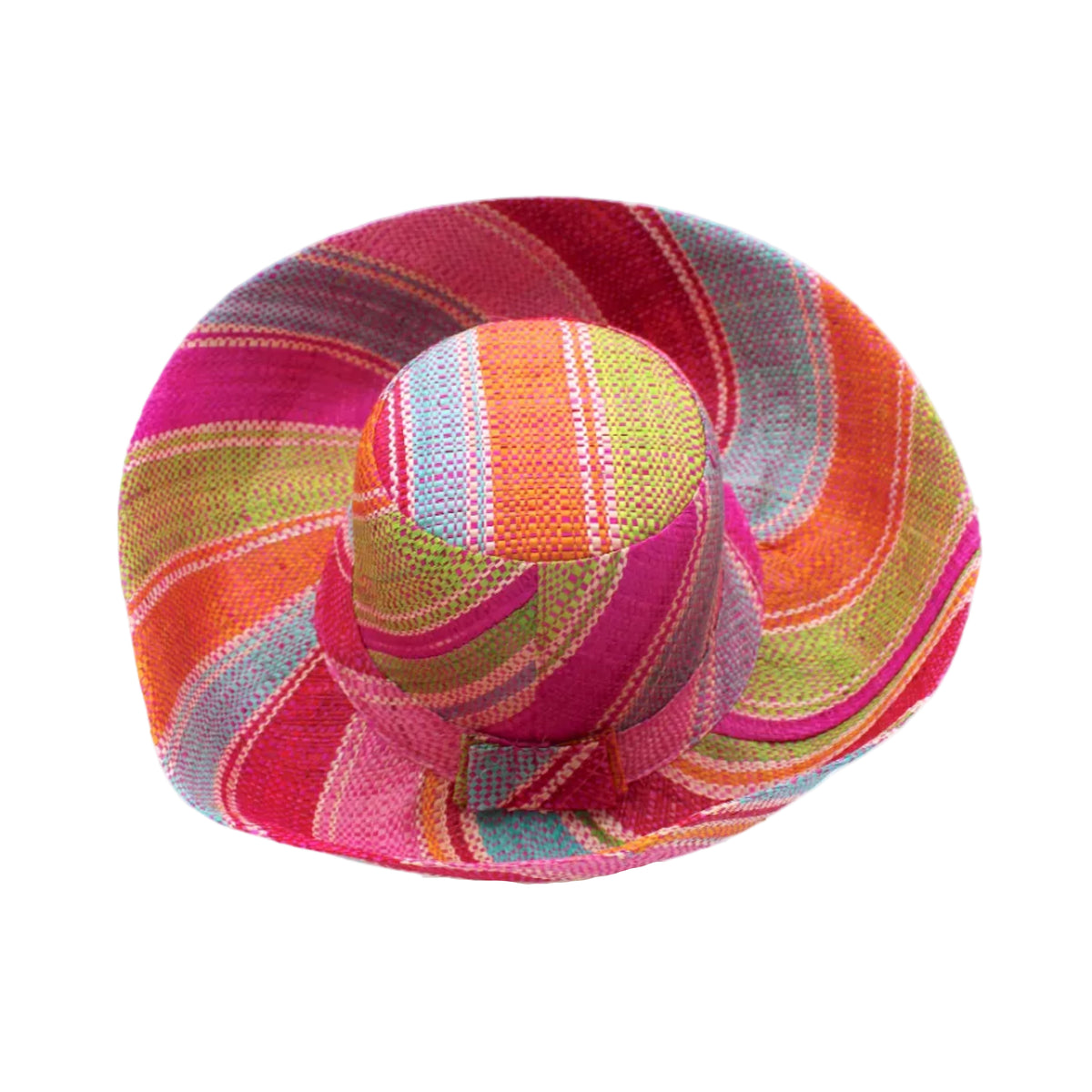 5" & 7" Wide Brim Zazzleberry Swirl Multicolor Stripes Packable Straw Sun Hat Handmade loomed raffia in multi width bands of fuchsia hot/bright/pink, light blue, light pink, red, orange, lime green, denim grey/blue, turquoise, and natural straw color create a swirl pattern - Shebobo