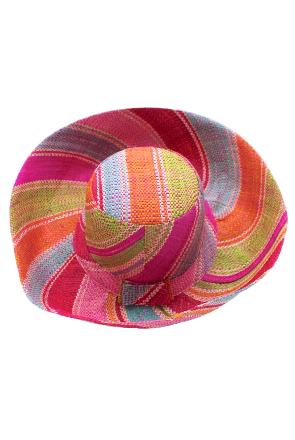 5" & 7" Wide Brim Zazzleberry Swirl Multicolor Stripes Packable Straw Sun Hat Handmade loomed raffia in multi width bands of fuchsia hot/bright/pink, light blue, light pink, red, orange, lime green, denim grey/blue, turquoise, and natural straw color create a swirl pattern - Shebobo