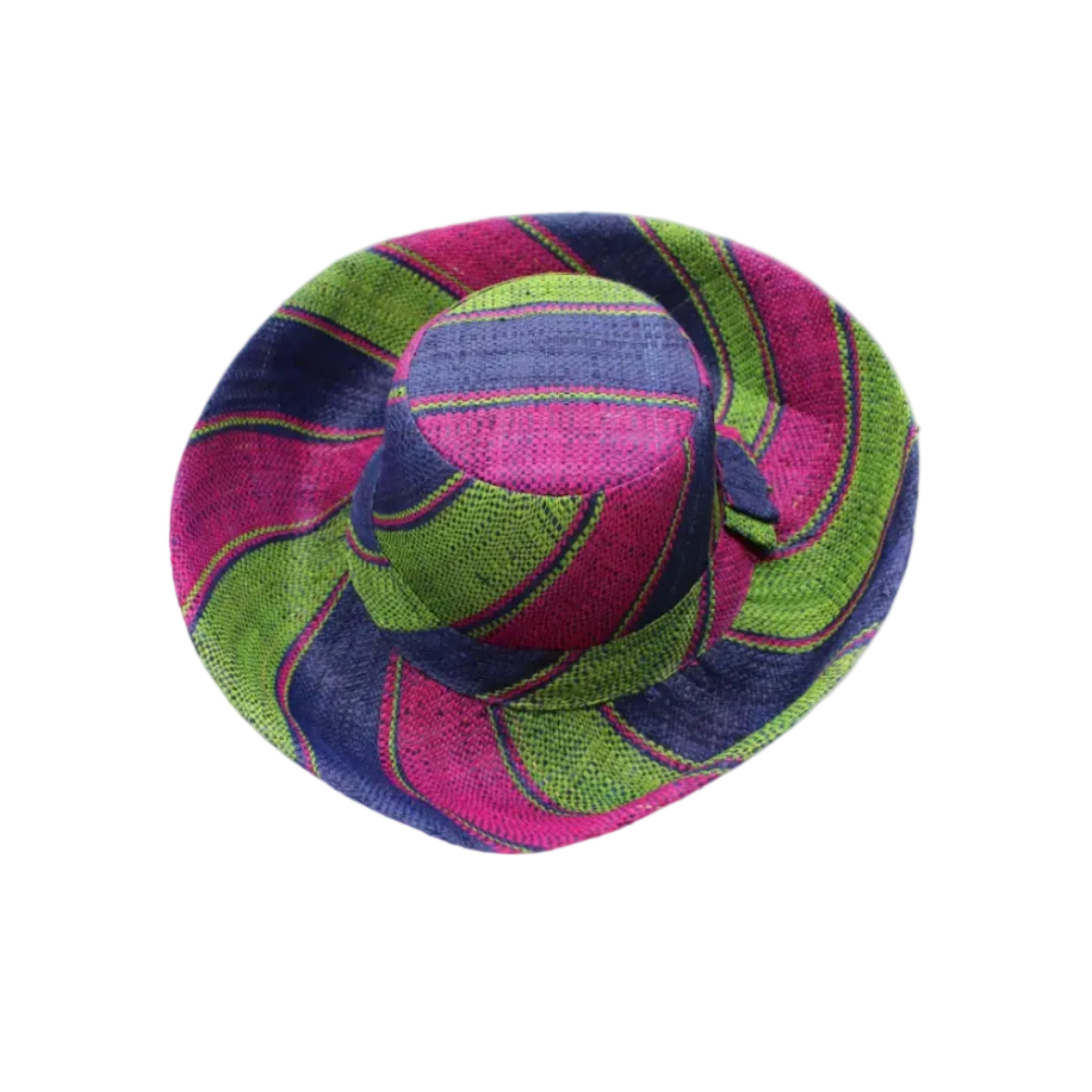Monica 5" & 7" Wide Brim Blueberry Swirl Multicolor Stripes Packable Straw Sun Hat Handmade loomed raffia in multi width bands of fuchsia pink, dusk navy/dark/blue, and lime green create a swirl pattern - Shebobo