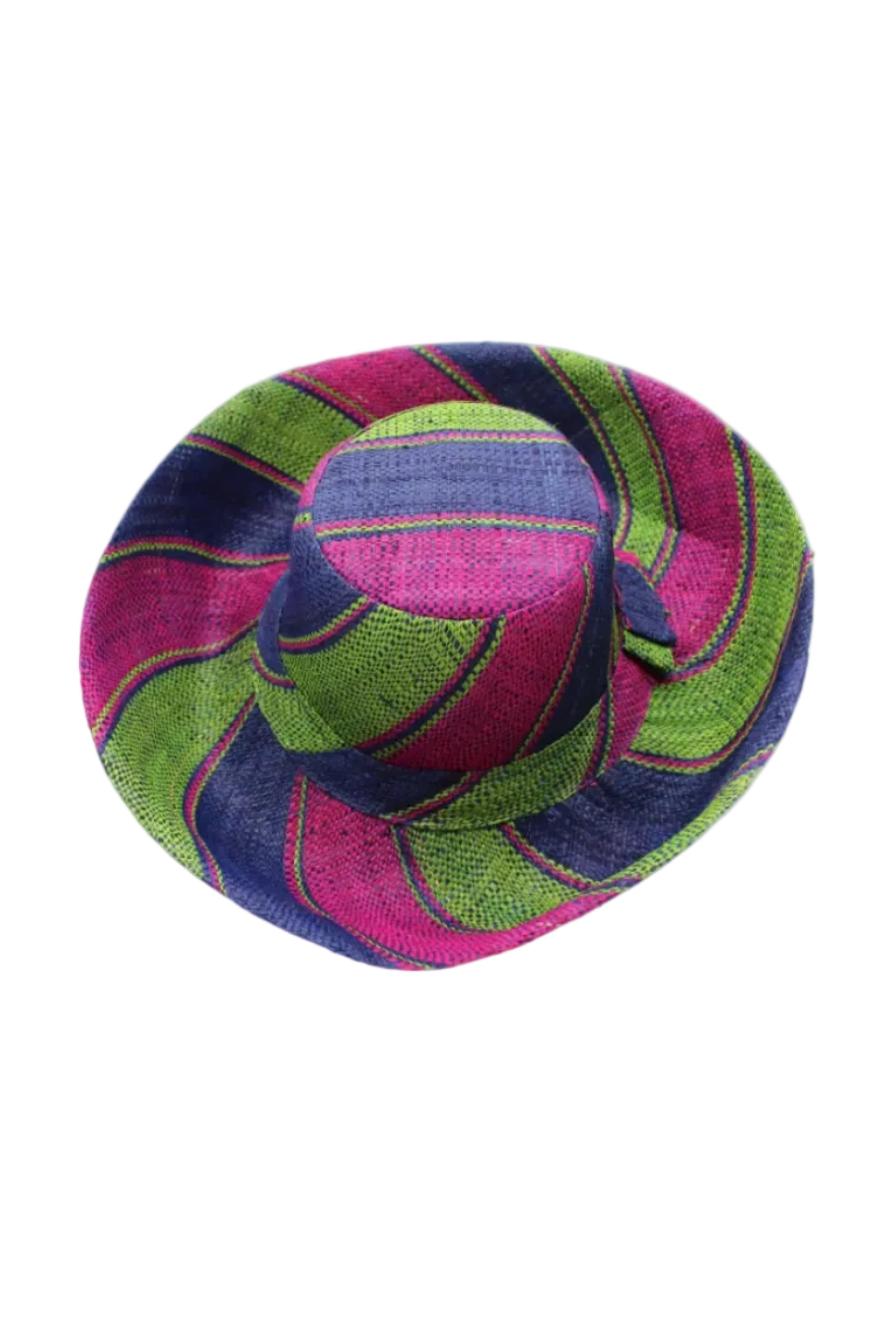 Monica 5" & 7" Wide Brim Blueberry Swirl Multicolor Stripes Packable Straw Sun Hat Handmade loomed raffia in multi width bands of fuchsia pink, dusk navy/dark/blue, and lime green create a swirl pattern - Shebobo