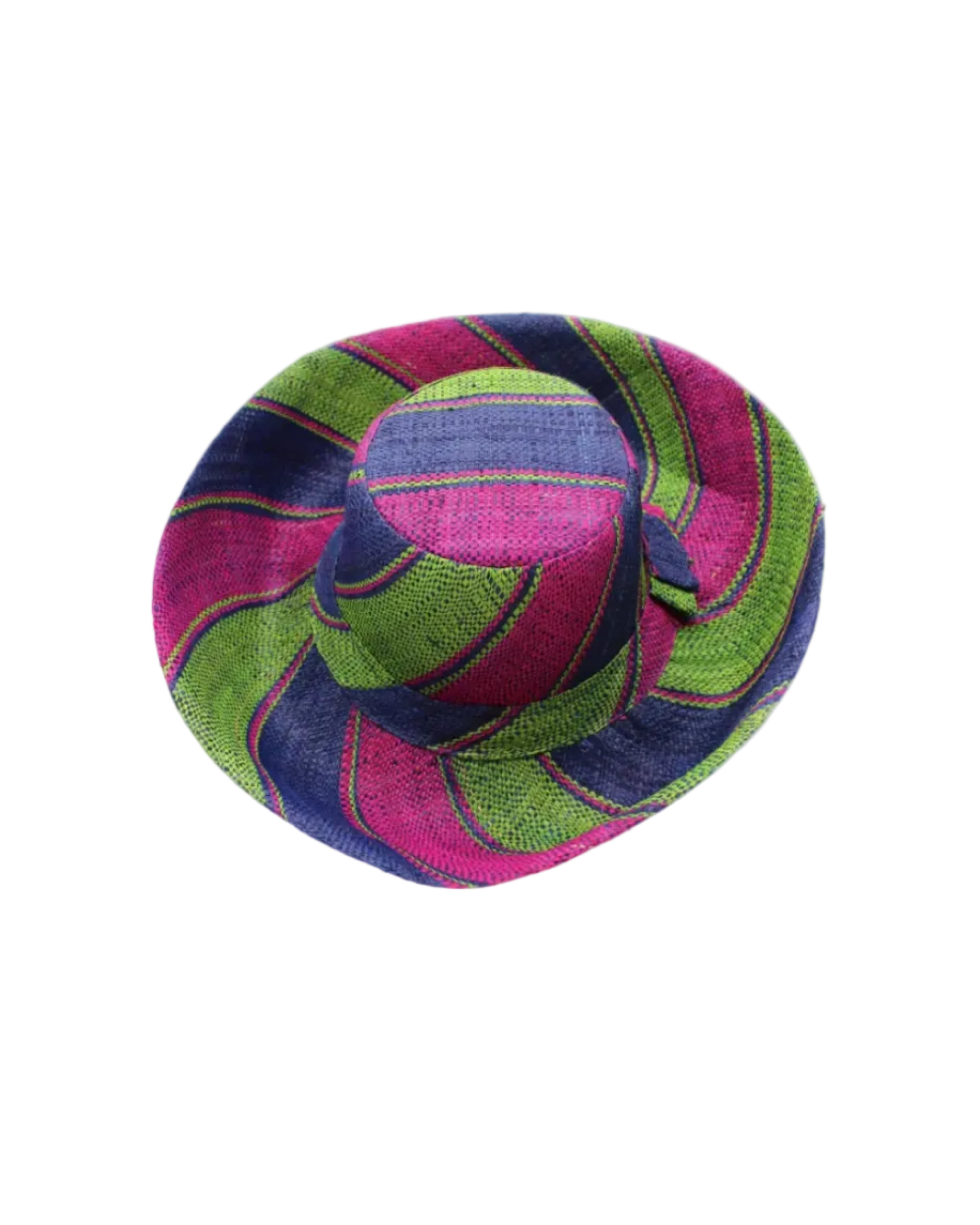 Monica 5" & 7" Wide Brim Blueberry Swirl Multicolor Stripes Packable Straw Sun Hat Handmade loomed raffia in multi width bands of fuchsia pink, dusk navy/dark/blue, and lime green create a swirl pattern - Shebobo