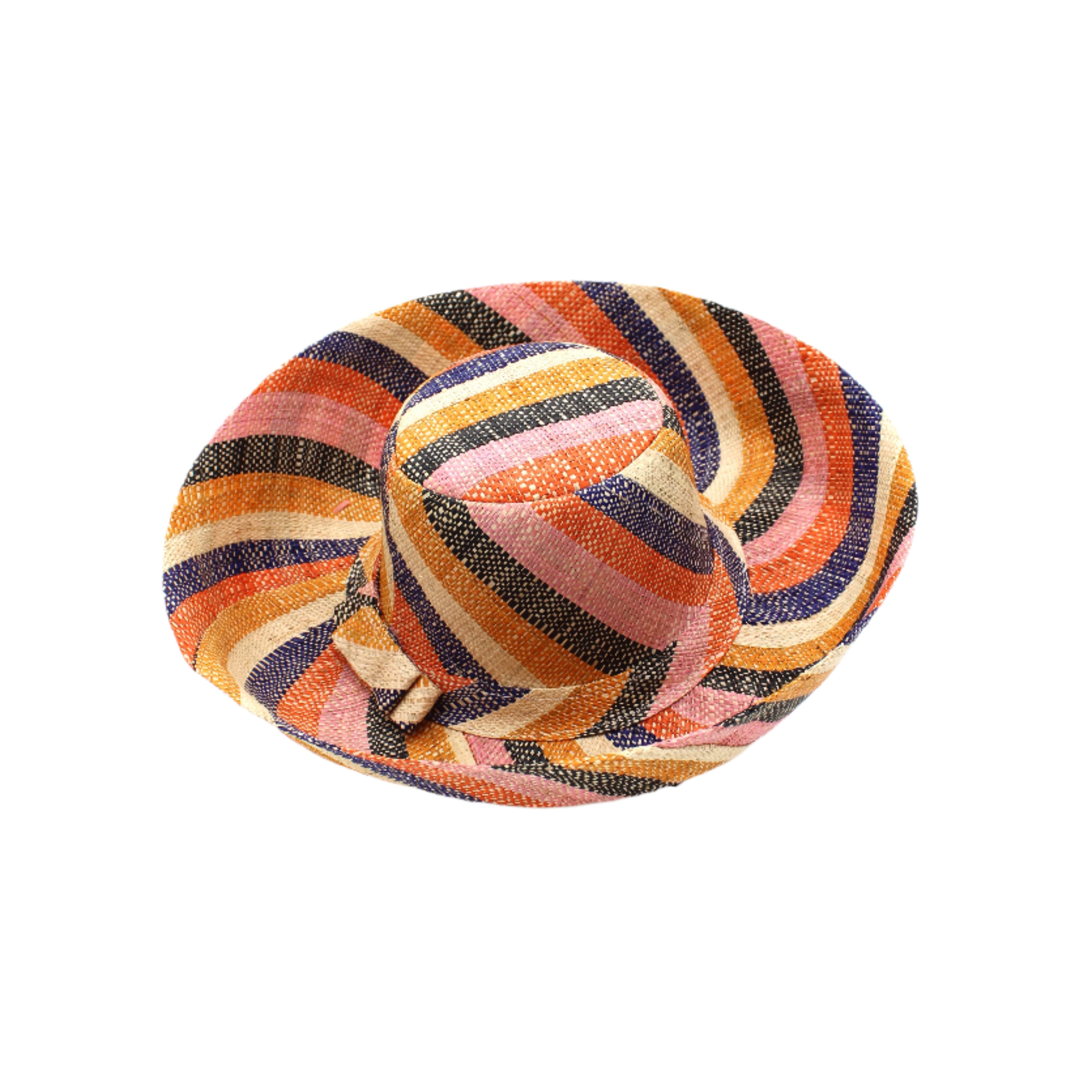 Monica 5" & 7" Wide Brim Candyland Multicolor Stripes Packable Straw Sun Hat handmade loomed raffia in bands of natural straw color, black, saffron yellow/orange, light pink, coral orange/red, and dusk navy/dark/blue stripes create a swirl pattern - Shebobo