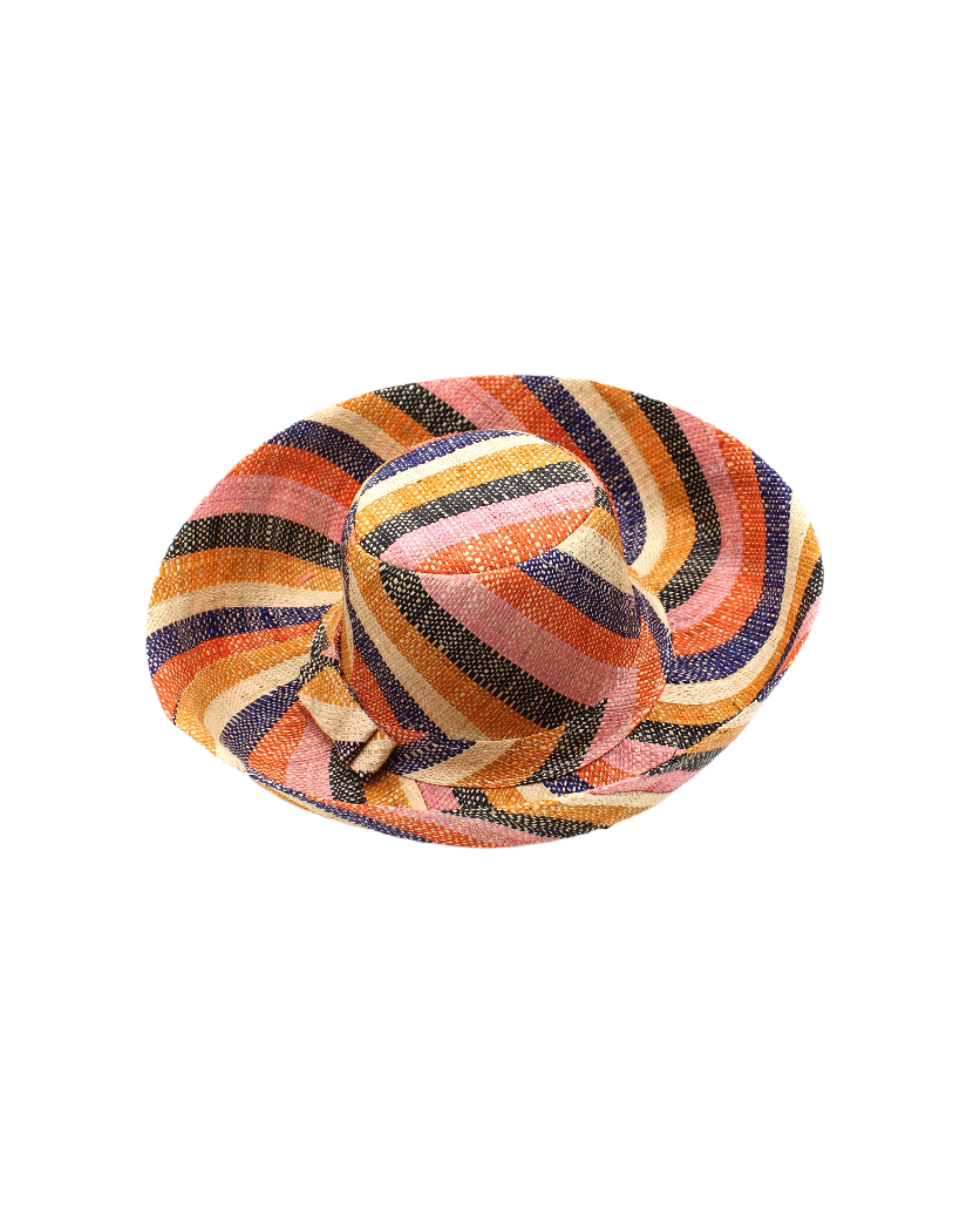 Monica 5" & 7" Wide Brim Candyland Multicolor Stripes Packable Straw Sun Hat handmade loomed raffia in bands of natural straw color, black, saffron yellow/orange, light pink, coral orange/red, and dusk navy/dark/blue stripes create a swirl pattern - Shebobo