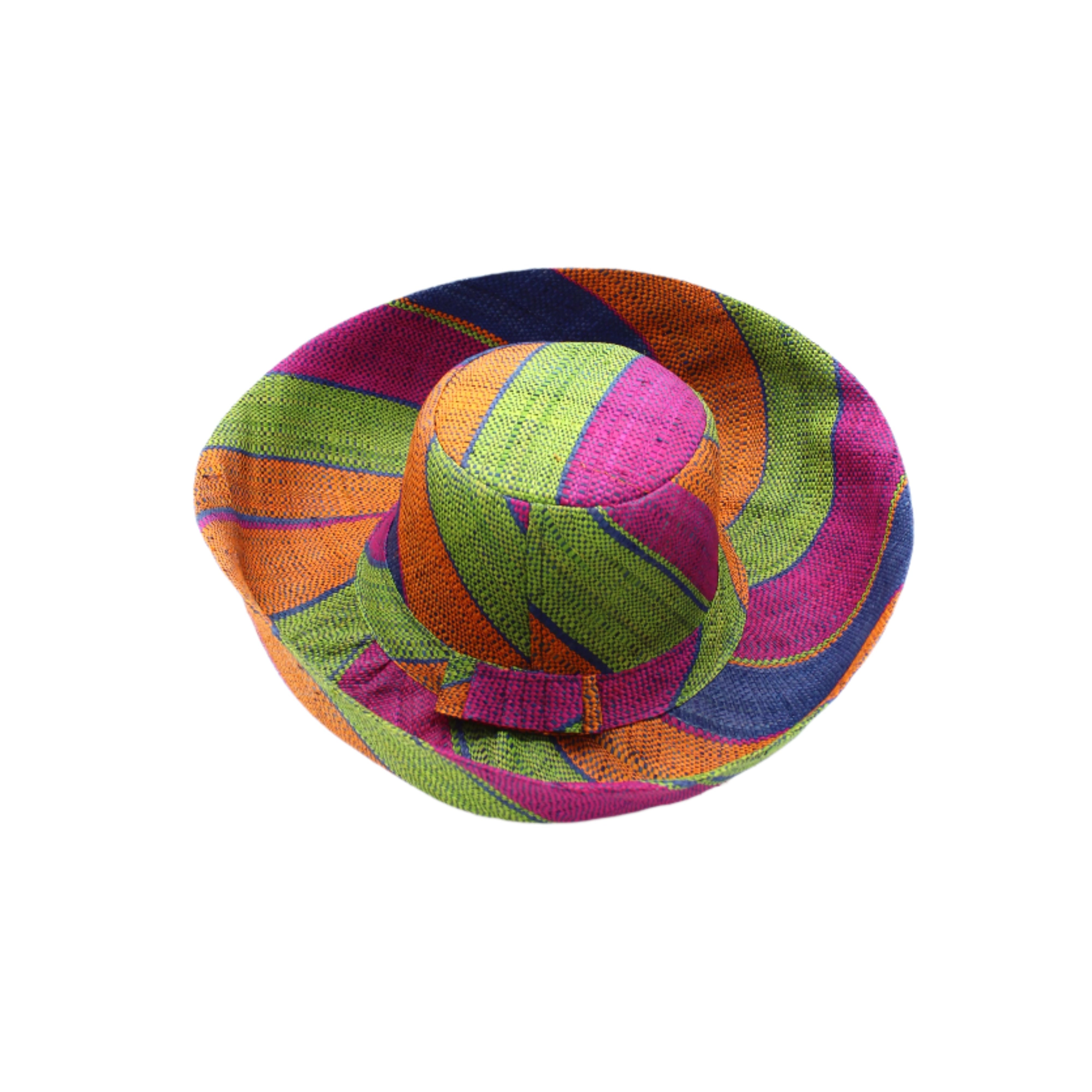 Monica 5" & 7" Wide Brim Caribbean Swirl Multicolor Stripes Packable Straw Sun Hat Handmade loomed raffia in multi width bands of fuchsia pink, orange, dusk navy/dark/blue, and lime green create a swirl pattern - Shebobo
