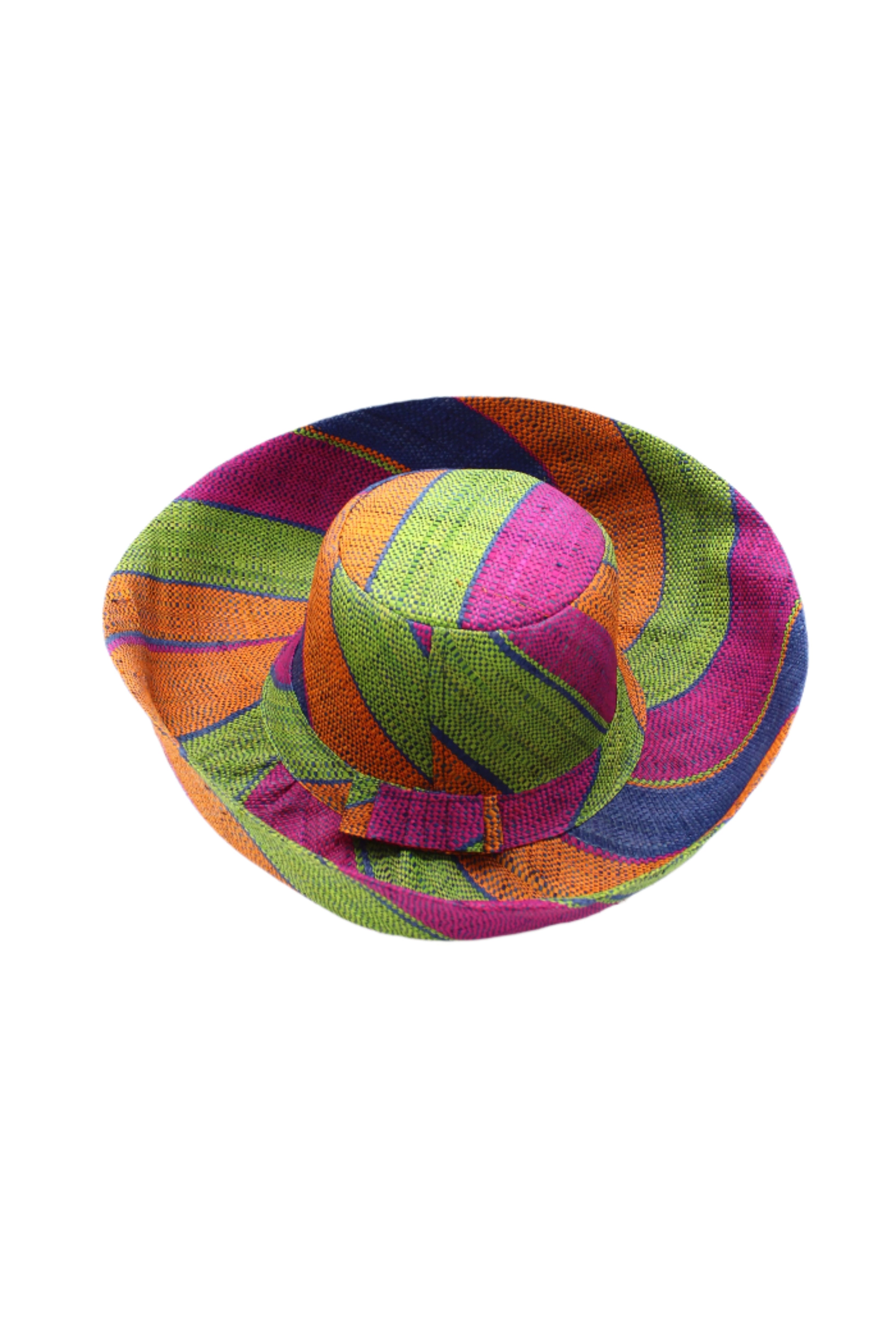 Monica 5" & 7" Wide Brim Caribbean Swirl Multicolor Stripes Packable Straw Sun Hat Handmade loomed raffia in multi width bands of fuchsia pink, orange, dusk navy/dark/blue, and lime green create a swirl pattern - Shebobo