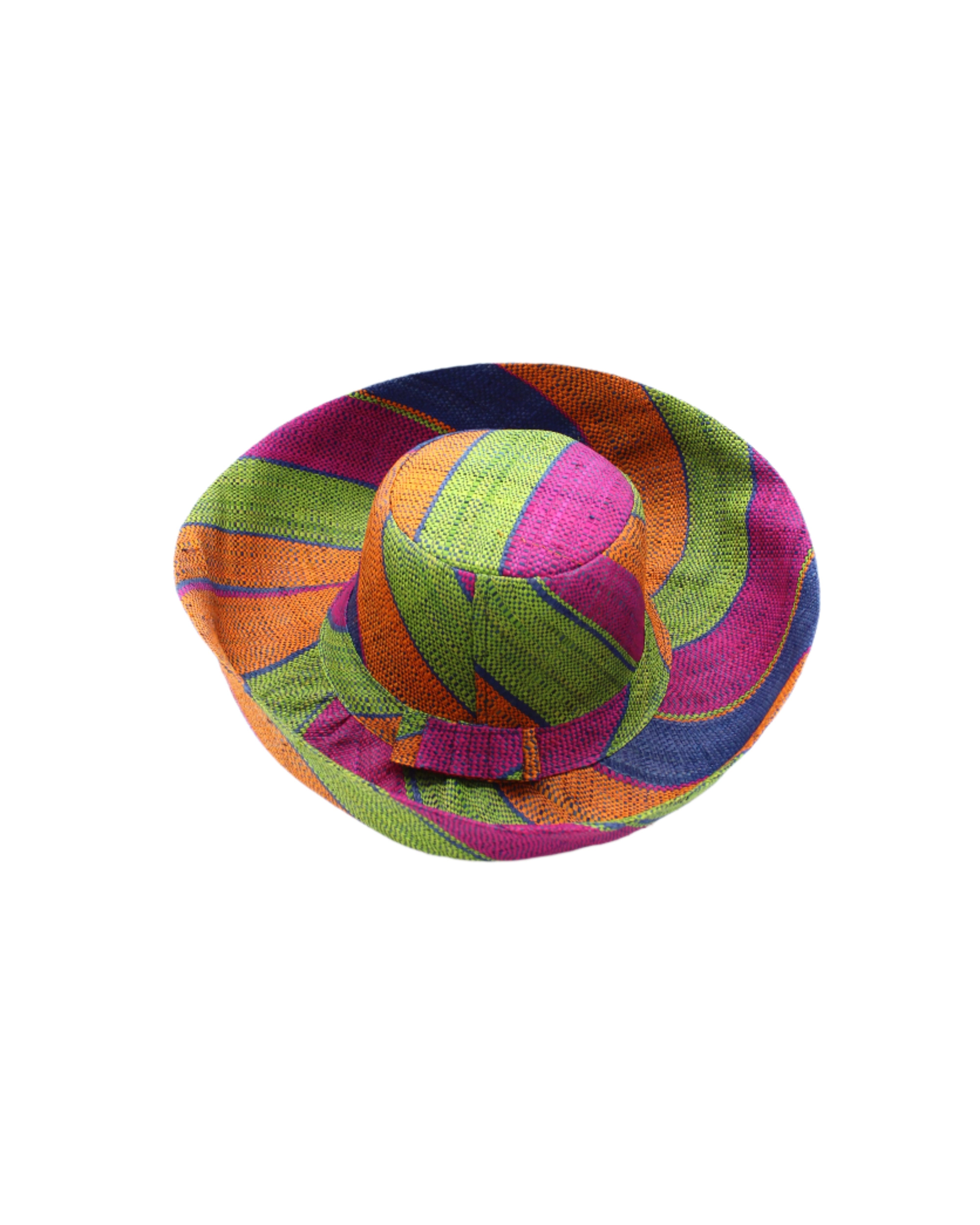 Monica 5" & 7" Wide Brim Caribbean Swirl Multicolor Stripes Packable Straw Sun Hat Handmade loomed raffia in multi width bands of fuchsia pink, orange, dusk navy/dark/blue, and lime green create a swirl pattern - Shebobo