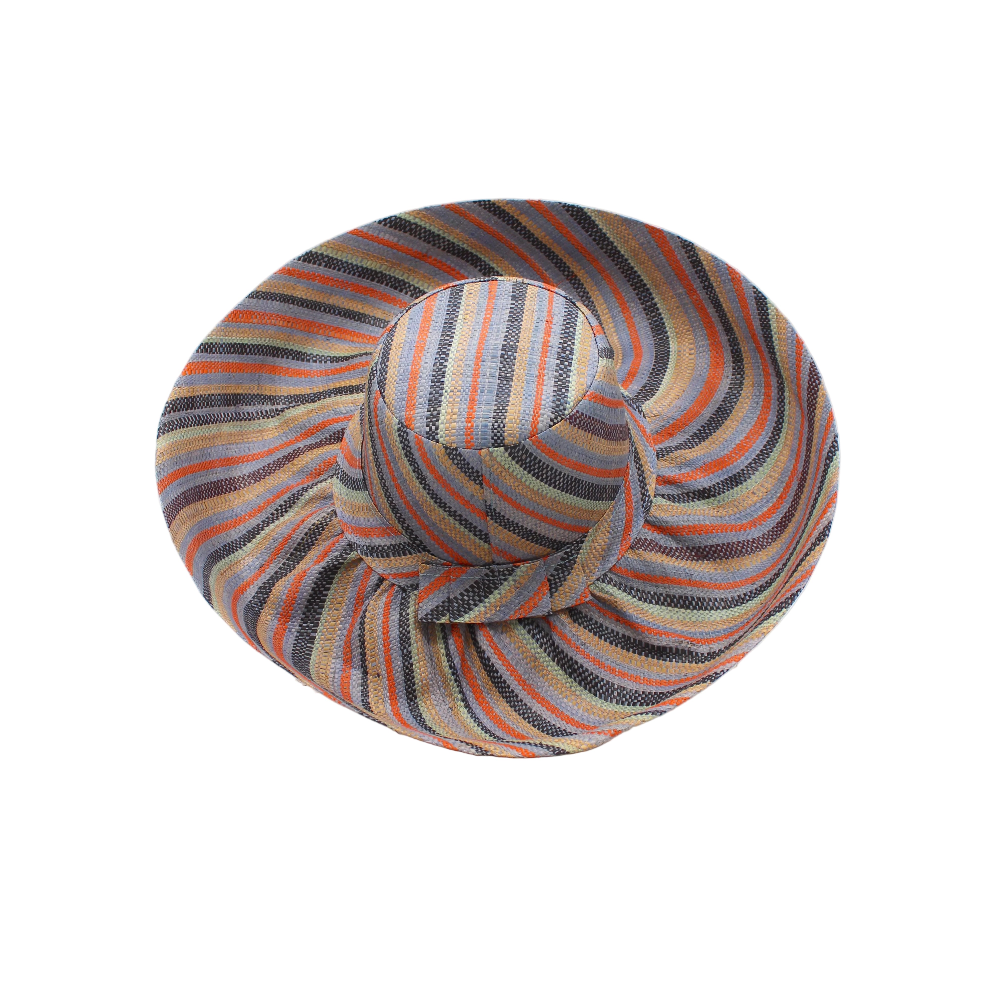 Monica 5" & 7" Wide Brim Cloudberry Swirl Multicolor Stripes Packable Straw Sun Hat handmade loomed raffia in bands of coral orange/red, denim retro/light/blue, seafoam light/blue/green, black, cappuccino tea/light/brown stripes create a swirl pattern - Shebobo