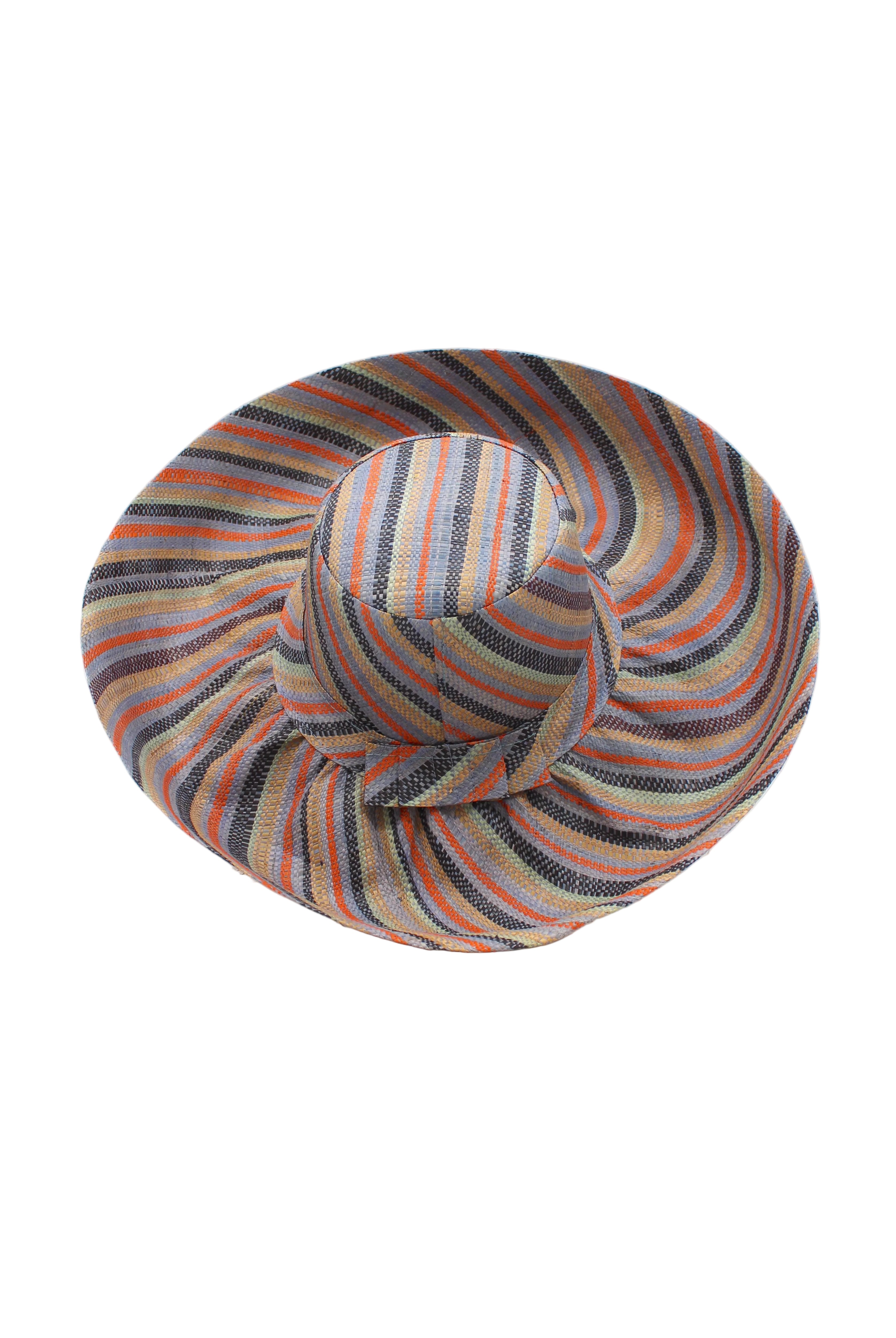 Monica 5" & 7" Wide Brim Cloudberry Swirl Multicolor Stripes Packable Straw Sun Hat handmade loomed raffia in bands of coral orange/red, denim retro/light/blue, seafoam light/blue/green, black, cappuccino tea/light/brown stripes create a swirl pattern - Shebobo