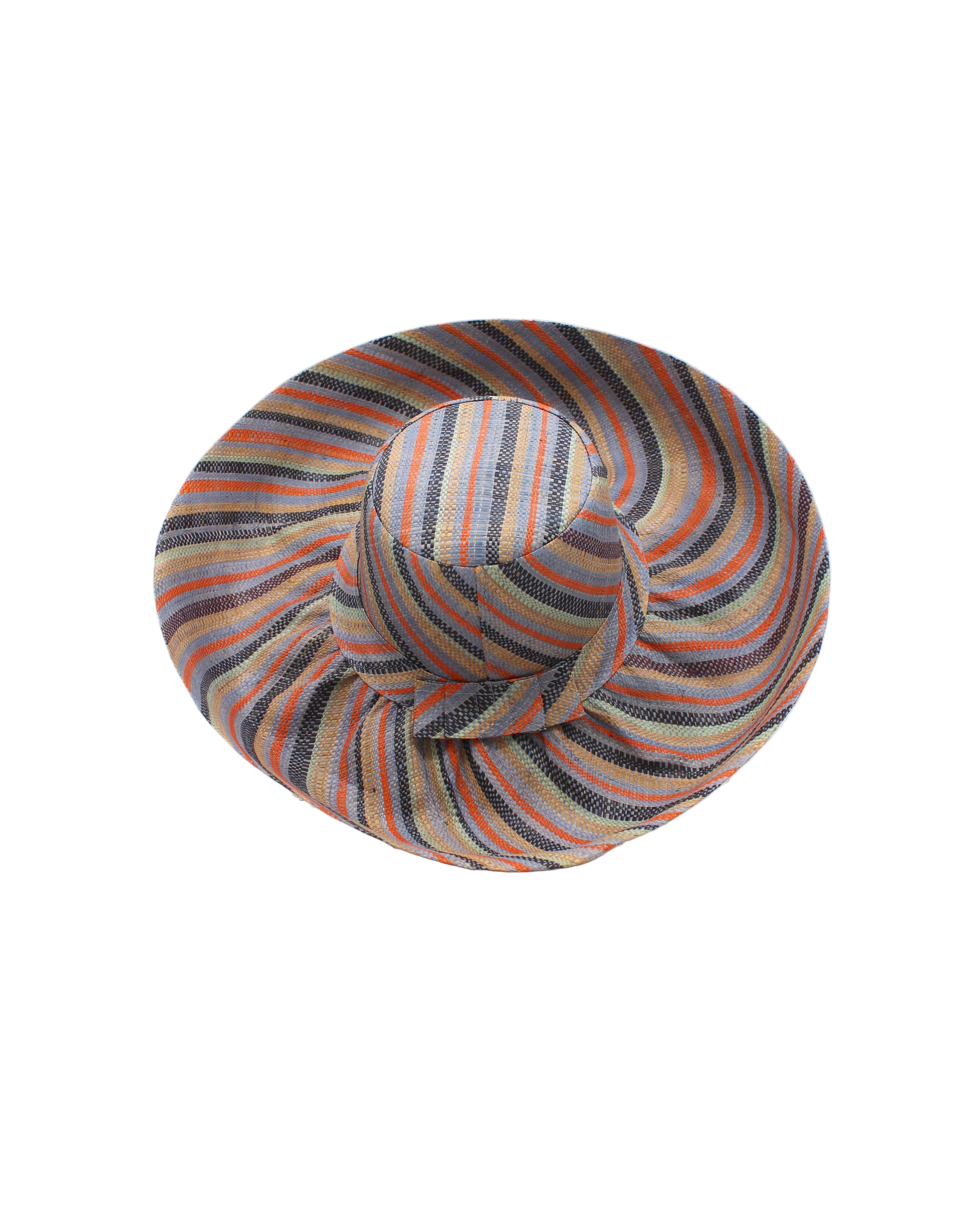 Monica 5" & 7" Wide Brim Cloudberry Swirl Multicolor Stripes Packable Straw Sun Hat handmade loomed raffia in bands of coral orange/red, denim retro/light/blue, seafoam light/blue/green, black, cappuccino tea/light/brown stripes create a swirl pattern - Shebobo