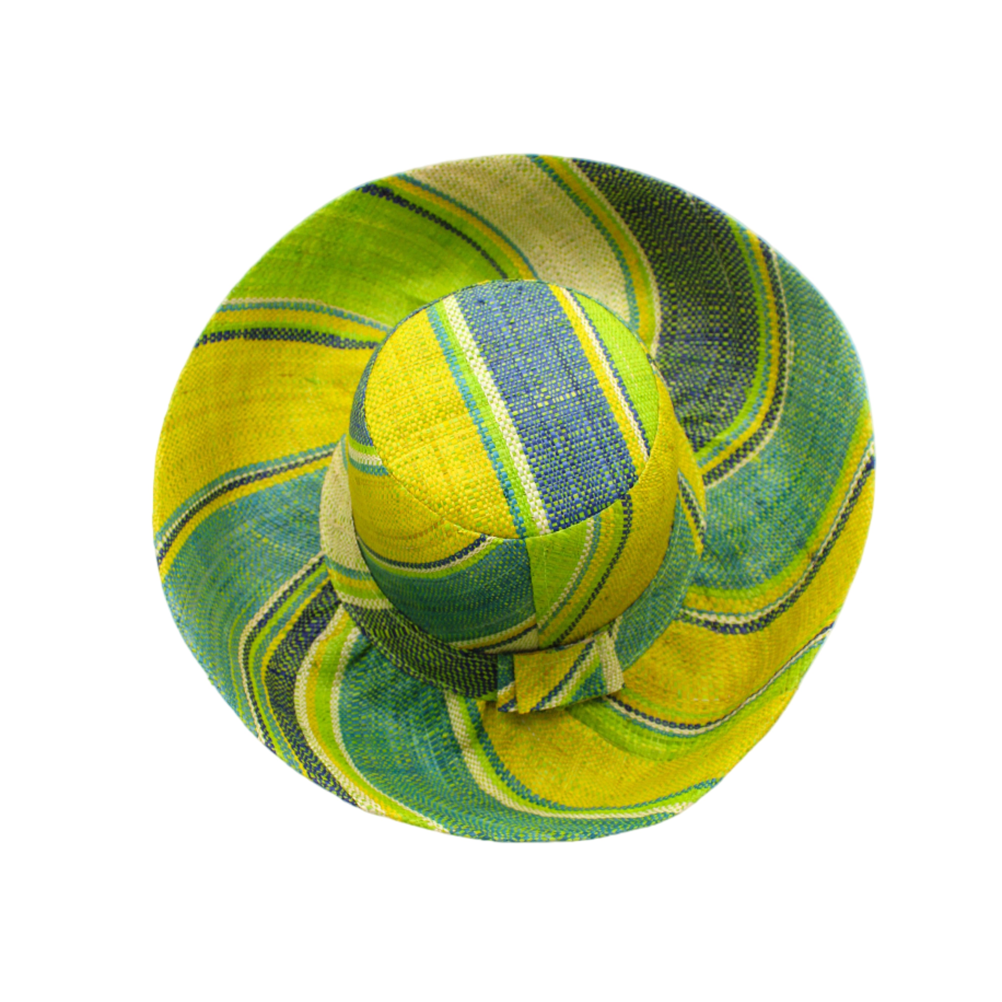 Monica 5" & 7" Wide Brim Izarra Swirl Multicolor Stripes Packable Straw Sun Hat Handmade loomed raffia in multi width bands of midori lime/green, teal, dusk navy/dark/blue, yellow, natural straw color etc. create a swirl pattern - Shebobo