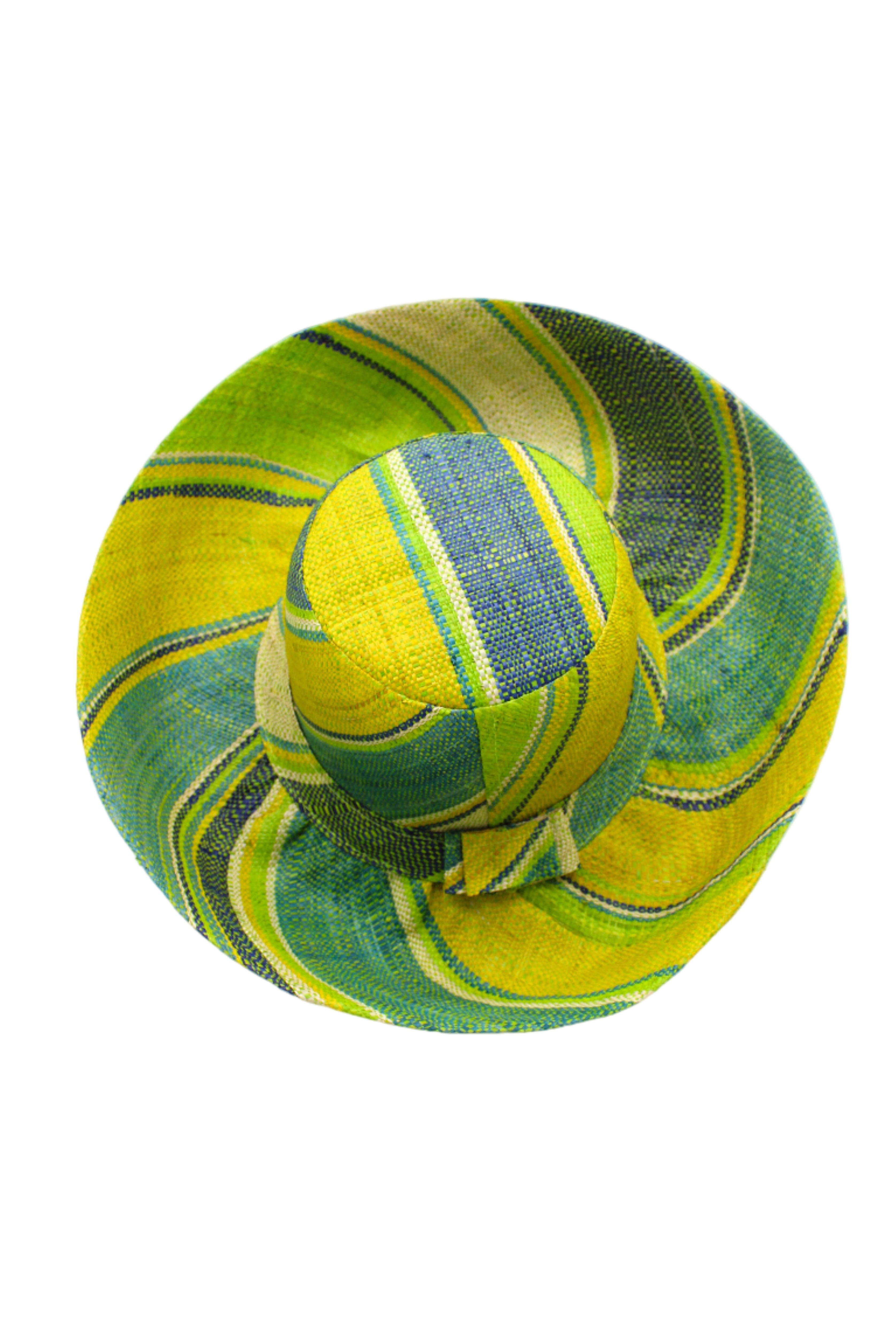 Monica 5" & 7" Wide Brim Izarra Swirl Multicolor Stripes Packable Straw Sun Hat Handmade loomed raffia in multi width bands of midori lime/green, teal, dusk navy/dark/blue, yellow, natural straw color etc. create a swirl pattern - Shebobo