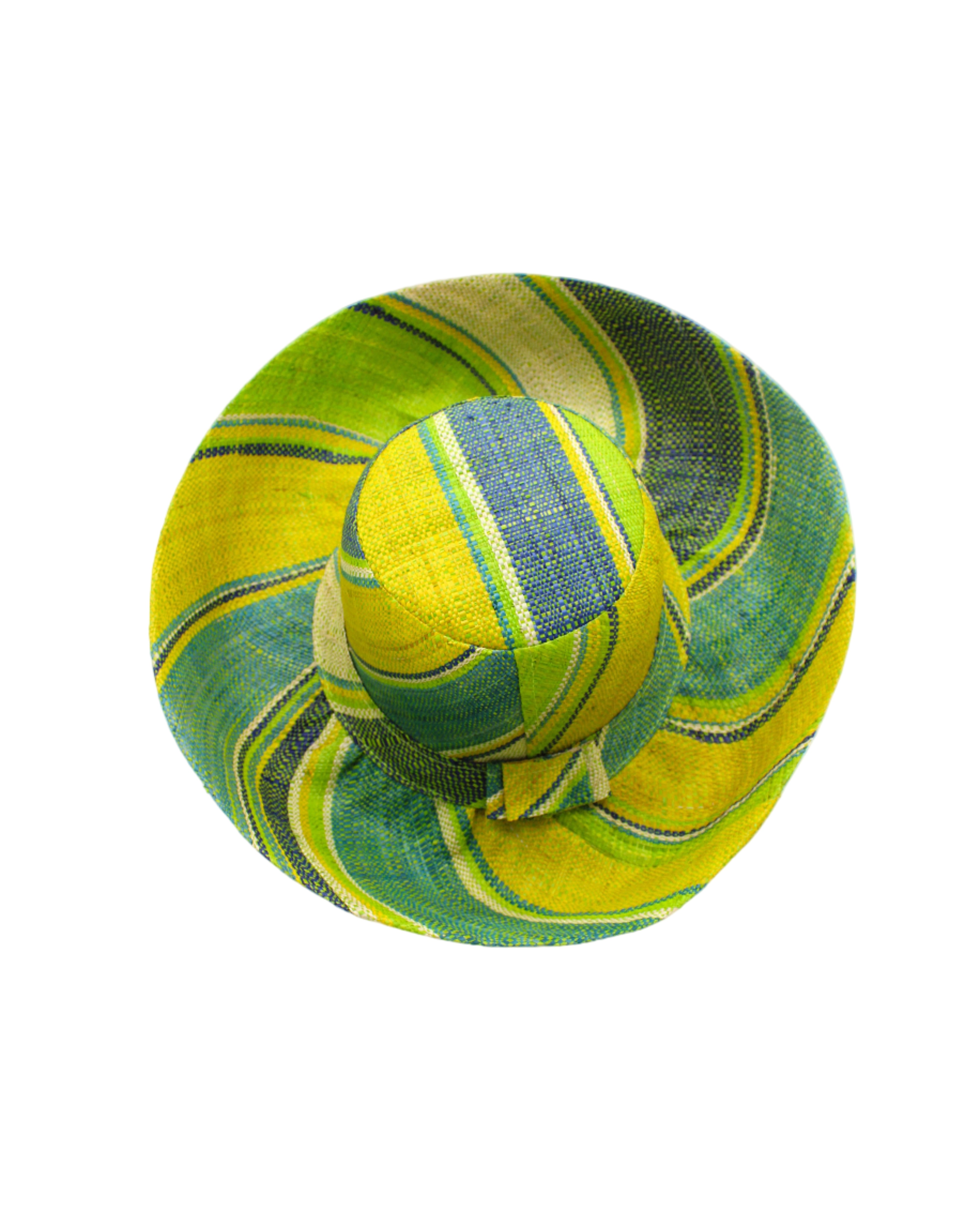 Monica 5" & 7" Wide Brim Izarra Swirl Multicolor Stripes Packable Straw Sun Hat Handmade loomed raffia in multi width bands of midori lime/green, teal, dusk navy/dark/blue, yellow, natural straw color etc. create a swirl pattern - Shebobo