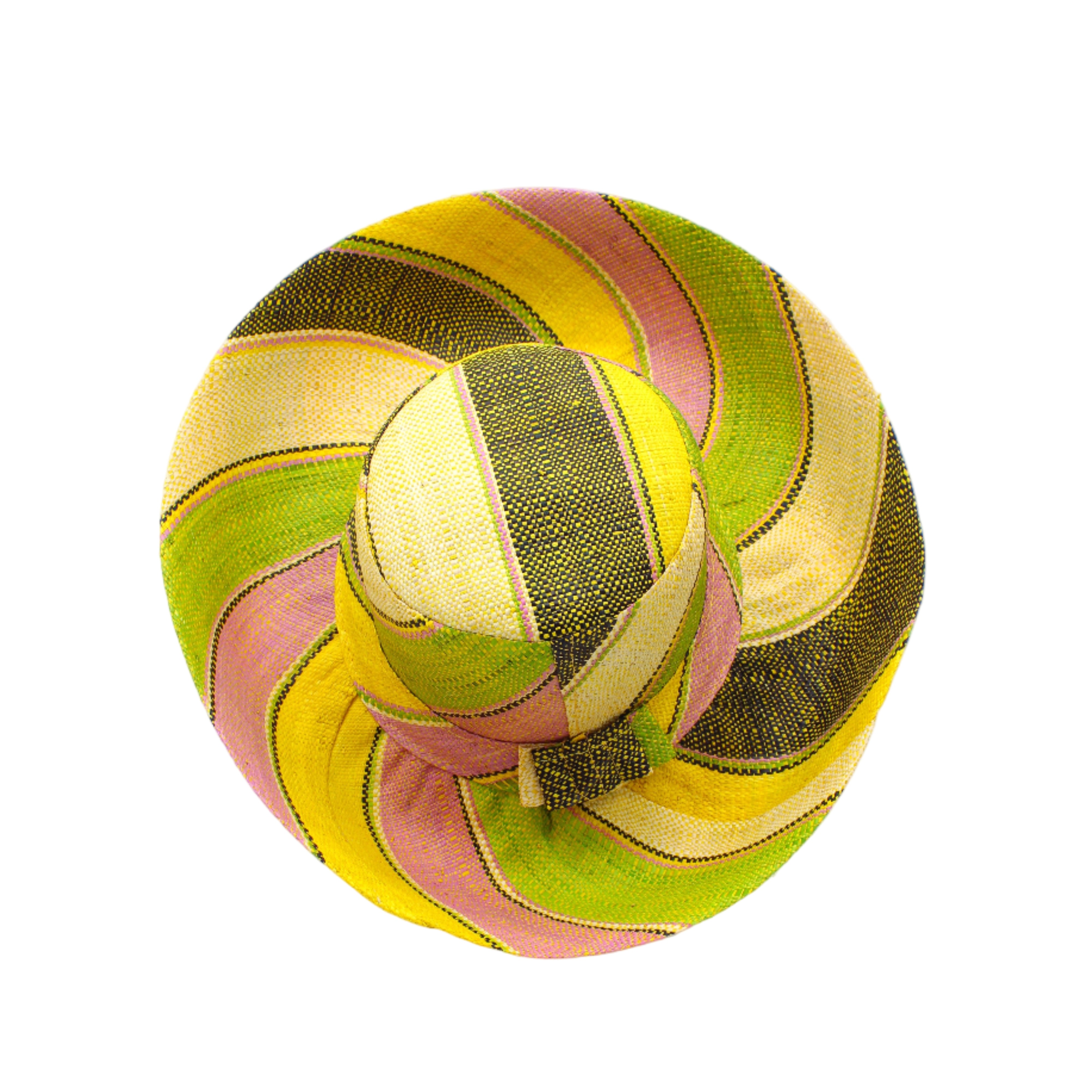 Monica 5" & 7" Wide Brim Lemonade Swirl Multicolor Stripes Packable Straw Sun Hat Handmade loomed raffia in multi width bands of yellow, wisteria light/purple/pink, midori lime/green, black, natural straw color etc. create a swirl pattern - Shebobo