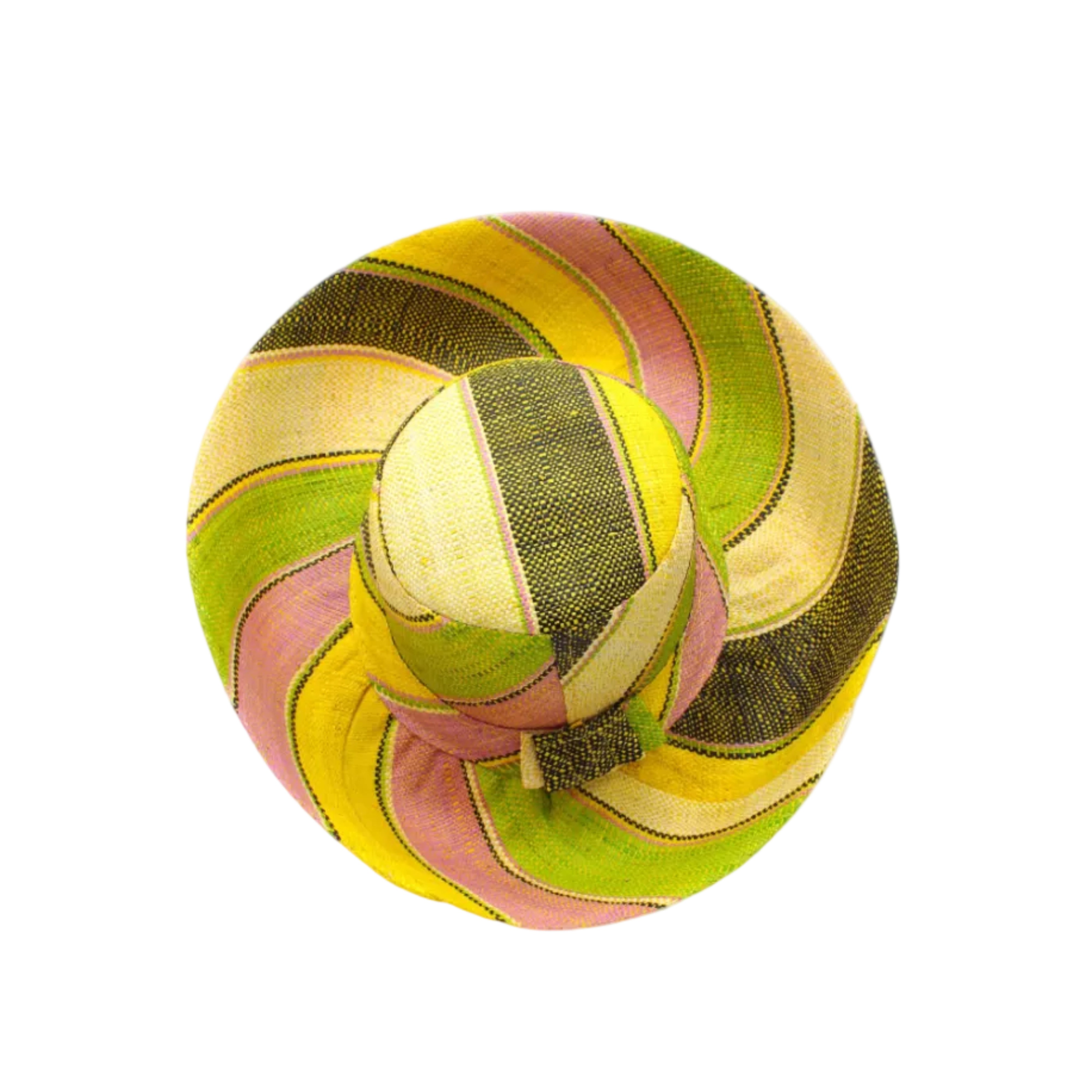 Monica 5" & 7" Wide Brim Lemonade Swirl Multicolor Stripes Packable Straw Sun Hat Handmade loomed raffia in multi width bands of yellow, wisteria light/purple/pink, midori lime/green, black, natural straw color etc. create a swirl pattern - Shebobo