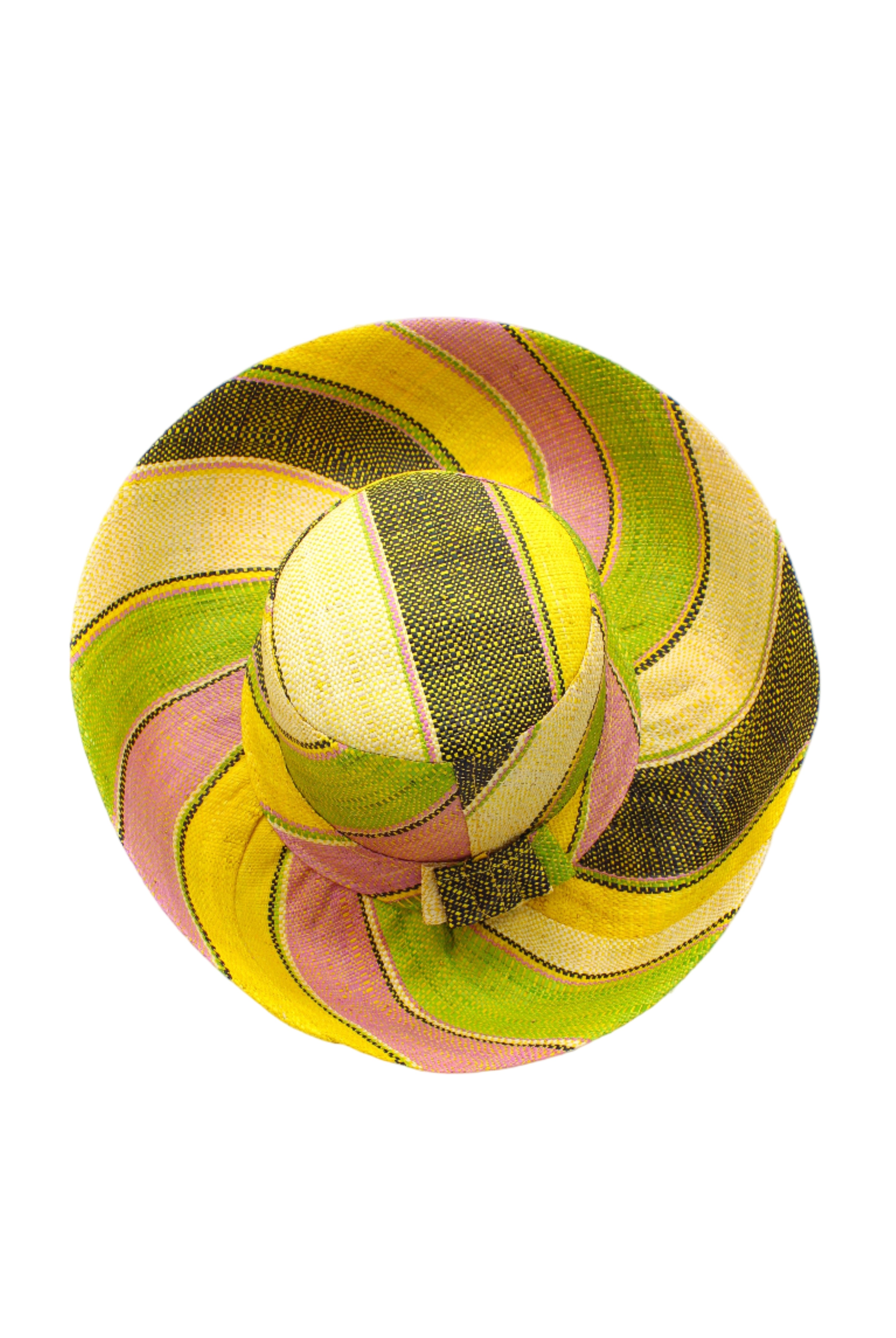 Monica 5" & 7" Wide Brim Lemonade Swirl Multicolor Stripes Packable Straw Sun Hat Handmade loomed raffia in multi width bands of yellow, wisteria light/purple/pink, midori lime/green, black, natural straw color etc. create a swirl pattern - Shebobo