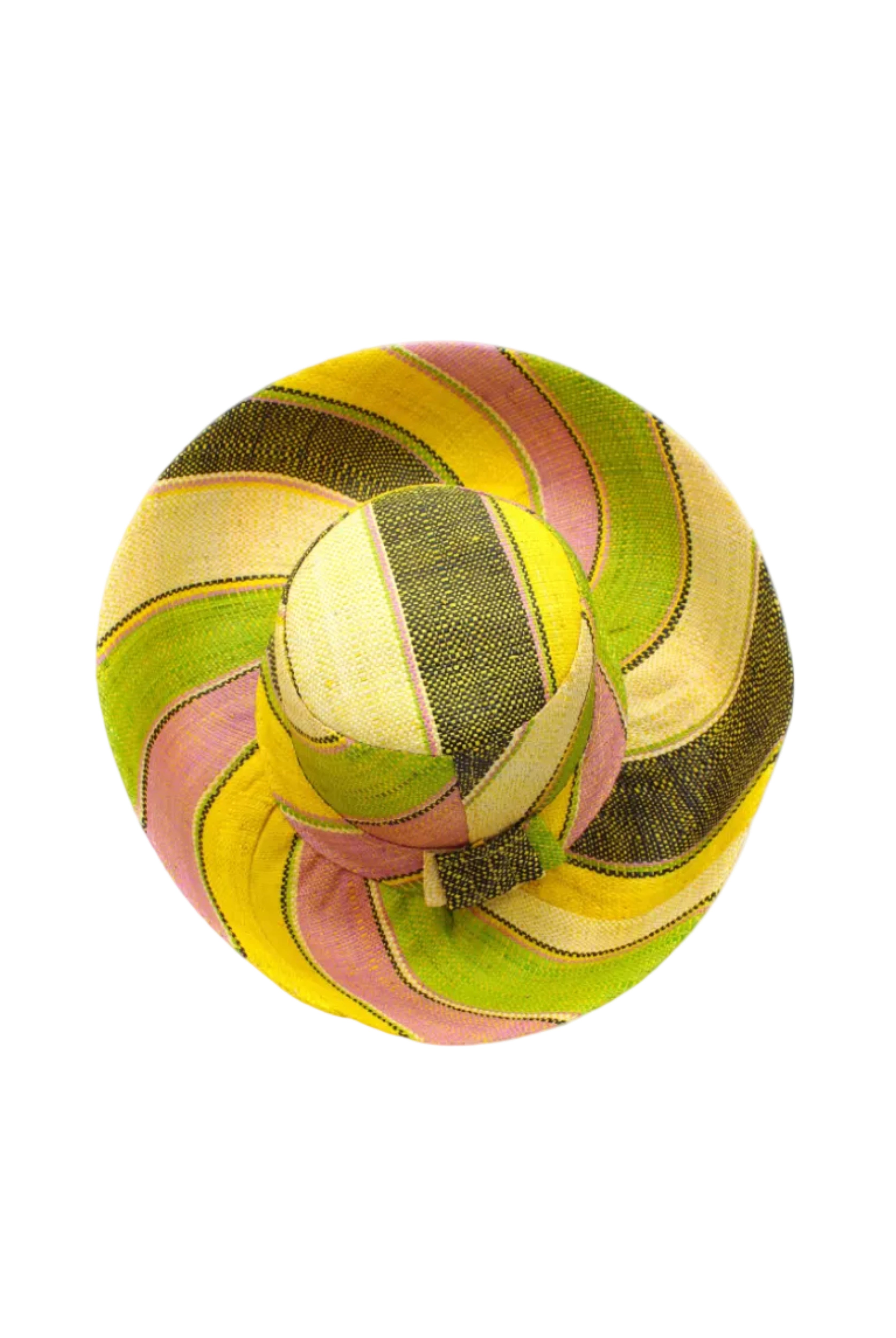 Monica 5" & 7" Wide Brim Lemonade Swirl Multicolor Stripes Packable Straw Sun Hat Handmade loomed raffia in multi width bands of yellow, wisteria light/purple/pink, midori lime/green, black, natural straw color etc. create a swirl pattern - Shebobo